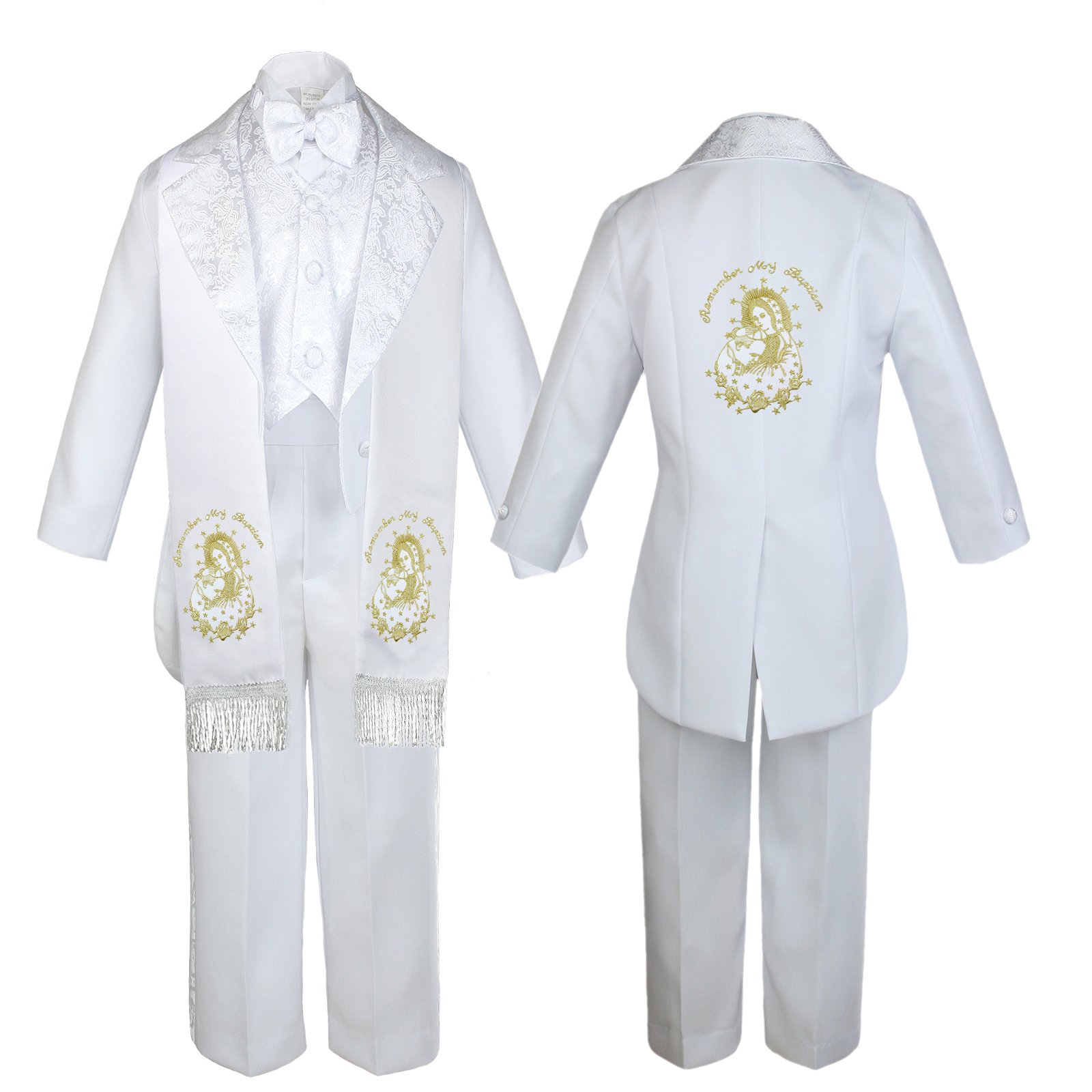 Boys Christening White Tail Tuxedo with Gold Trim - Formal First Communion Outfit for Baby & Toddler - Perfect for Baptism, Wedding & Special Occasions