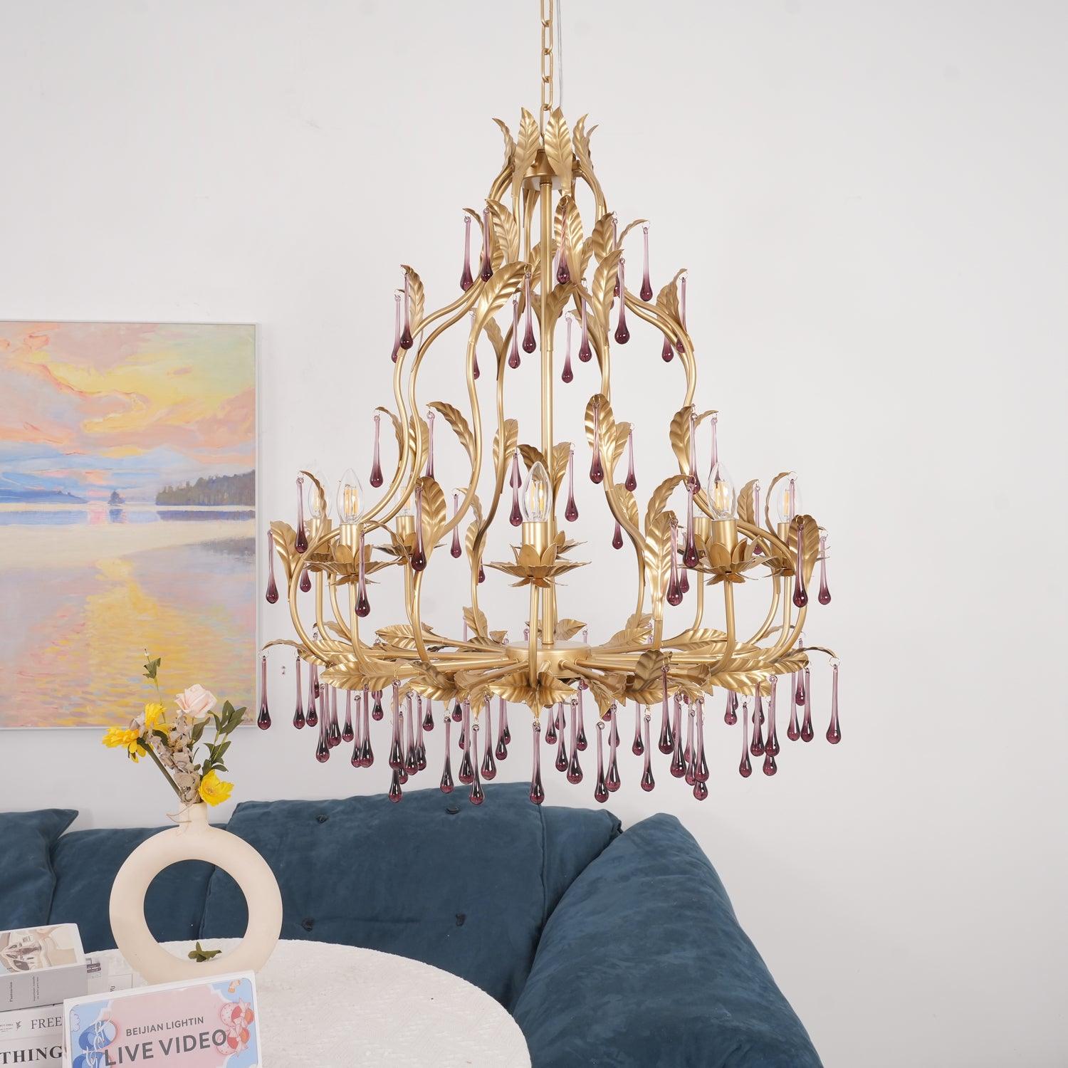 Elegant Amethyst Crystal Drop Glass Chandelier - Modern Luxury Ceiling Light Fixture for Dining Room, Bedroom & Living Room Decor