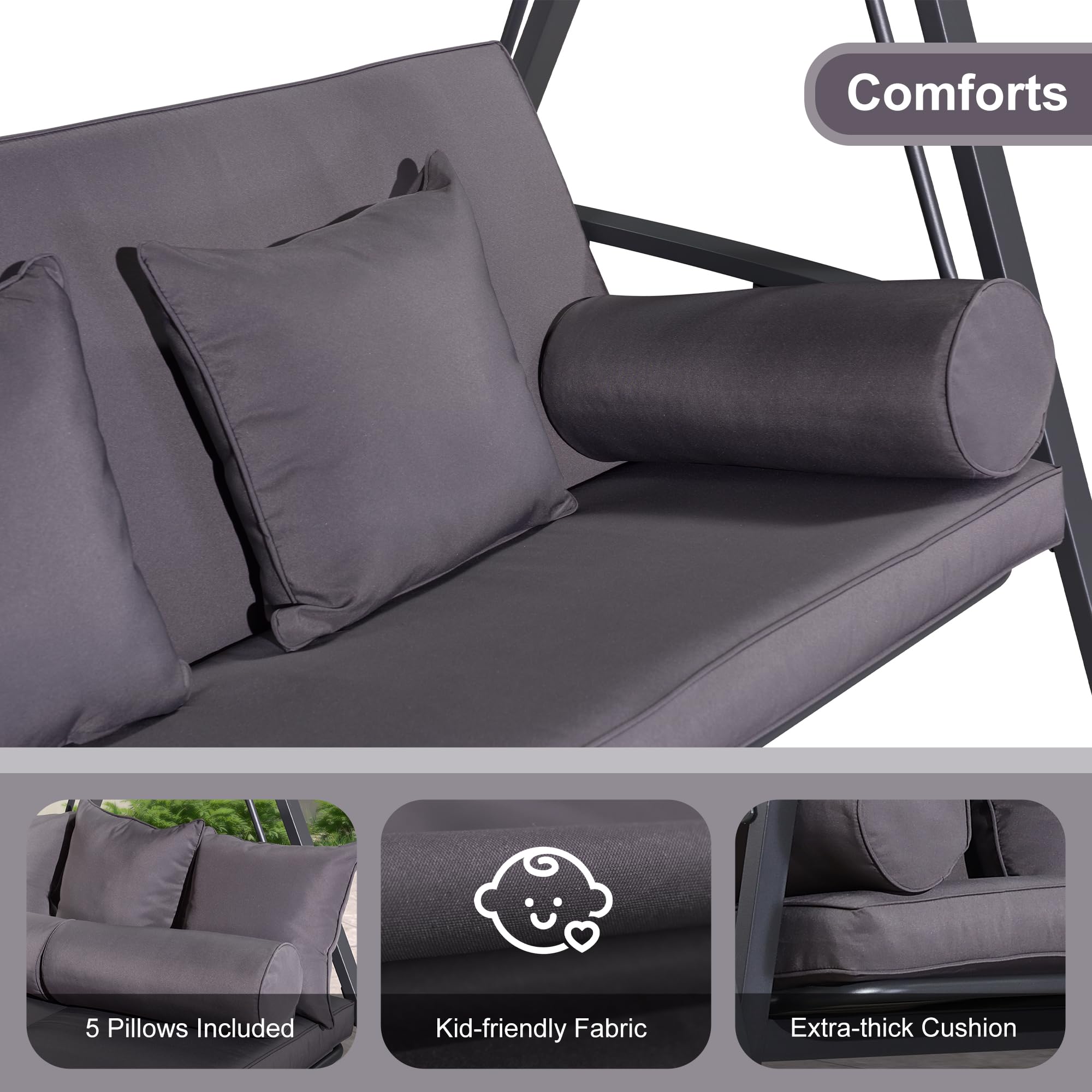 PURPLE LEAF 3-Seater Outdoor Patio Swing Chair with Adjustable Backrest - Weather-Resistant Steel Frame, Includes Cushion & Pillows (Grey) - Perfect for Backyard, Front Porch, Garden or Lawn Relaxation