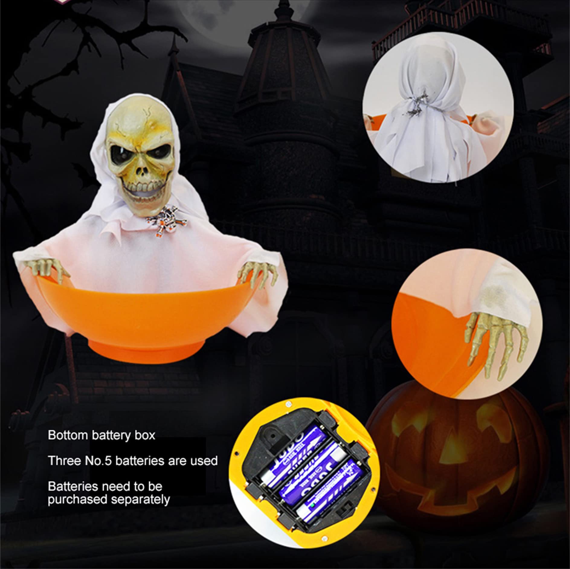 Animated Light Up Skeleton Candy Bowl - Halloween Trick or Treat Dish with Voice Effects & LED Lights - Spooky Skull Candy Container for Parties, Home Decor & Table Centerpiece (1PCS, Black)