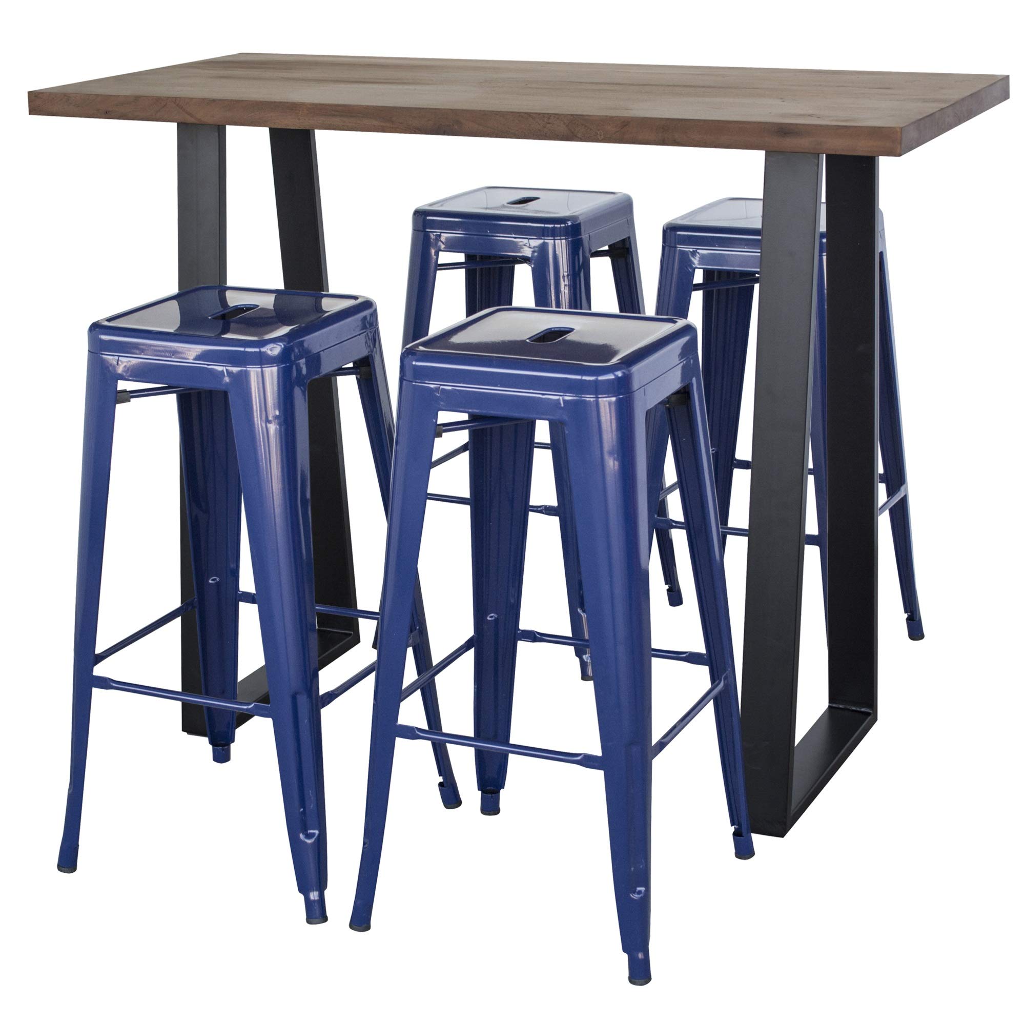 5-Piece Acacia Wood Bar Height Pub Table Set with Blue Bar Stools - Perfect for Patio, Deck & Outdoor Entertaining