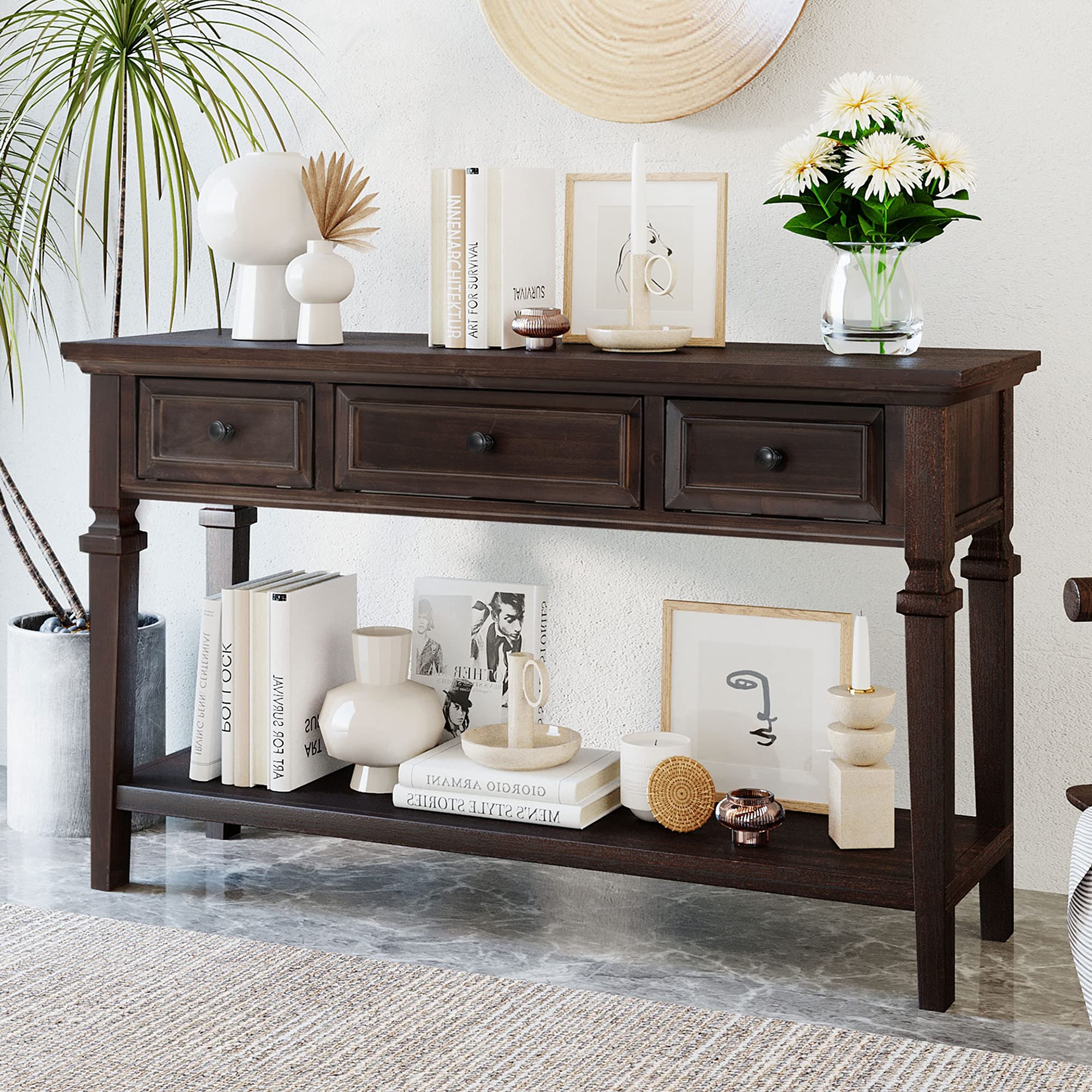 P PURLOVE Console Table with 2 Drawers & Open Shelf - 48 Inch Sofa Table, Entryway Table for Living Room, Hallway, Foyer - Rustic Espresso Finish - Perfect for Home Decor & Small Space Storage