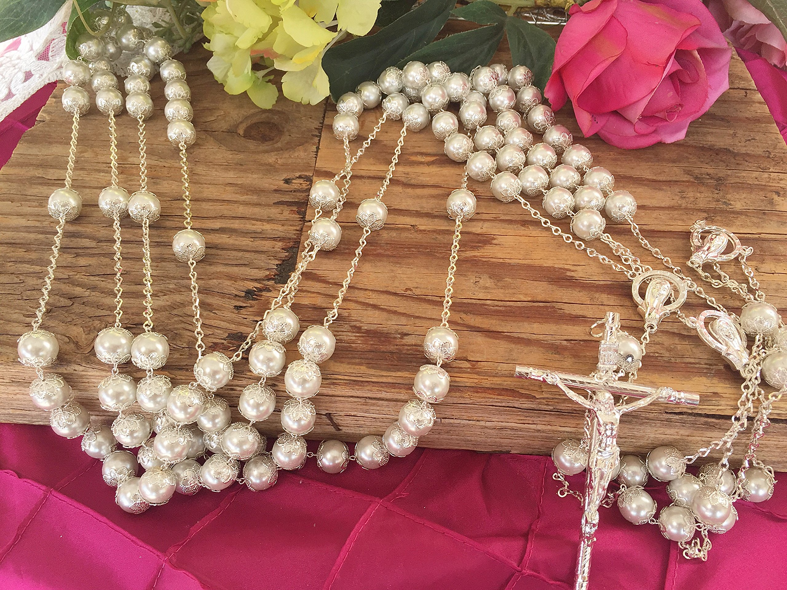 Elegant White Pearls Silver Plated Crystal Wedding Lasso - Crystal Wedding Rosary & Lazo De Boda - Perfect for Catholic Wedding Ceremonies, Quinceañeras & Vow Renewals