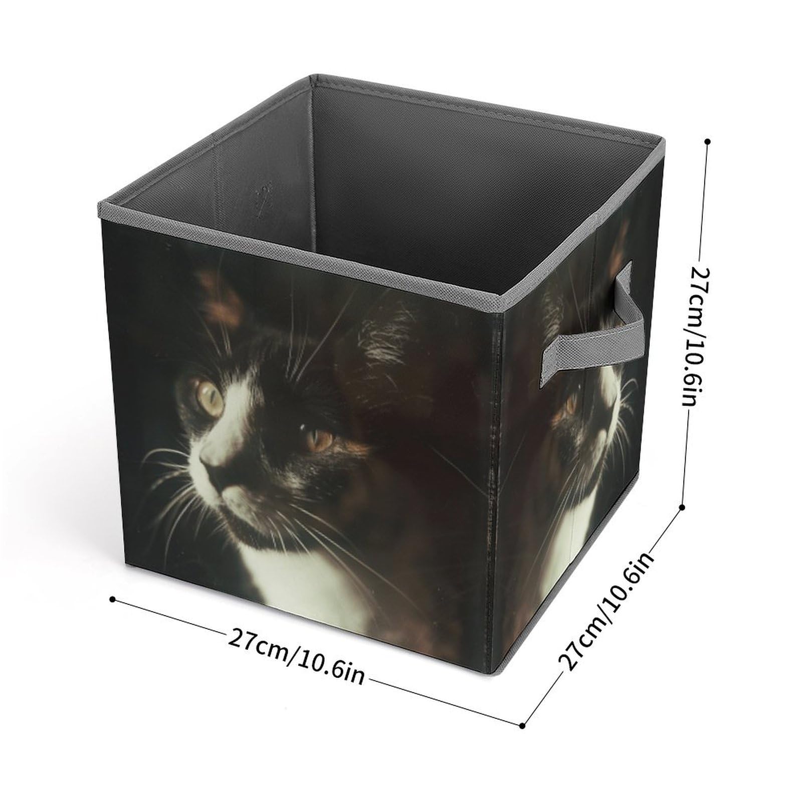 Foldable Storage Bins with Handles - 10.6x10.6 Inch Collapsible Cube Organizer Baskets for Home, Office & Closet - Cat with White Eyes Printed Design - Perfect for Toys, Books & Clothes Organization