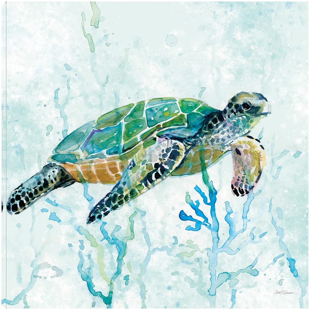 Sea Turtle Swim Canvas Wall Art - Handmade Ocean Themed Painting by Artist Carol Robinson - 32x32 Inch Ready to Hang Home Decor for Living Room, Bedroom, Bathroom & Office - Perfect for Beach House, Coastal Decor & Nature Lovers