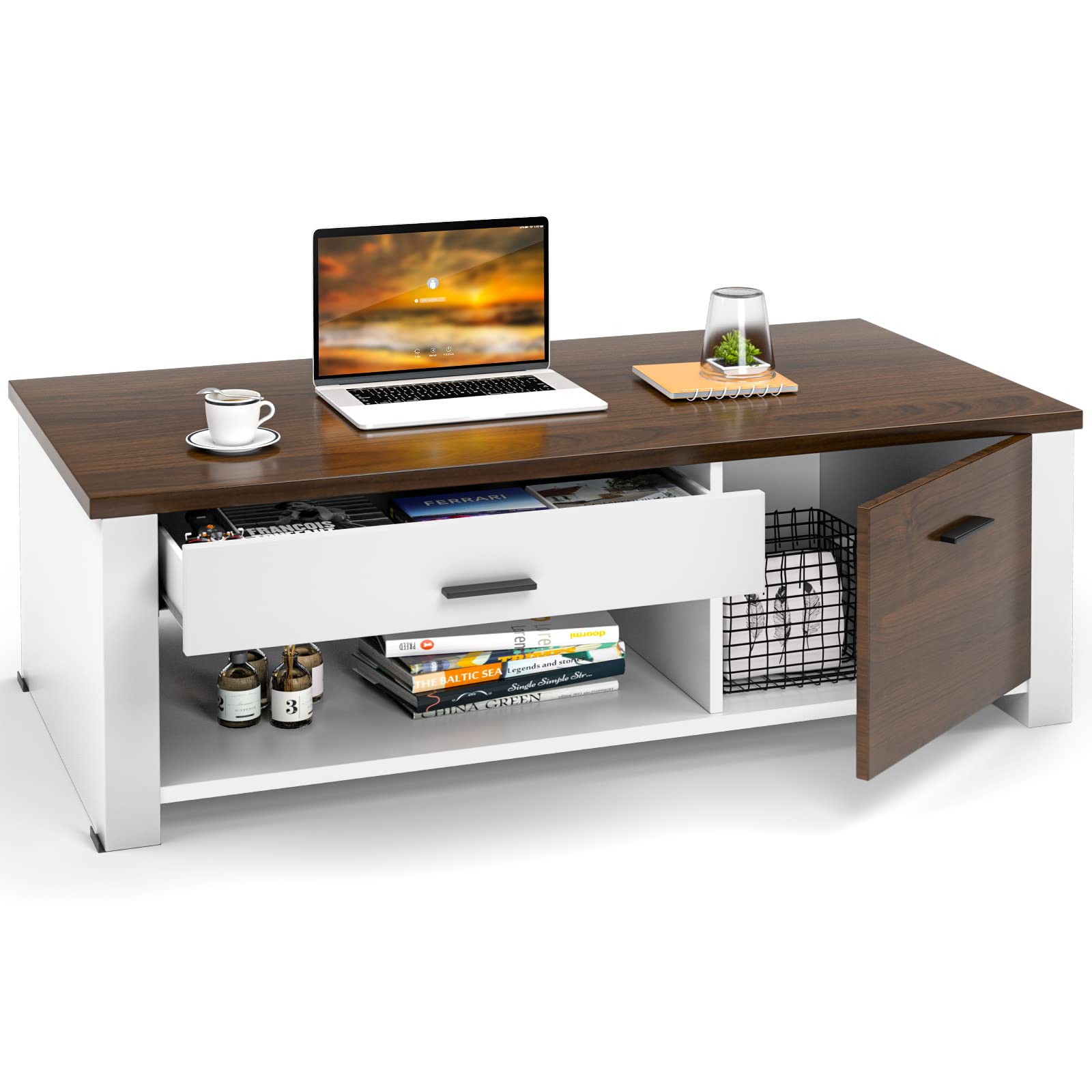 Giantex Modern Coffee Table with Drawers & Open Storage, Rectangular Center Table for Living Room, Bedroom, Office - Brown & White - Perfect for Small Spaces, Home Decor & Entertaining Guests