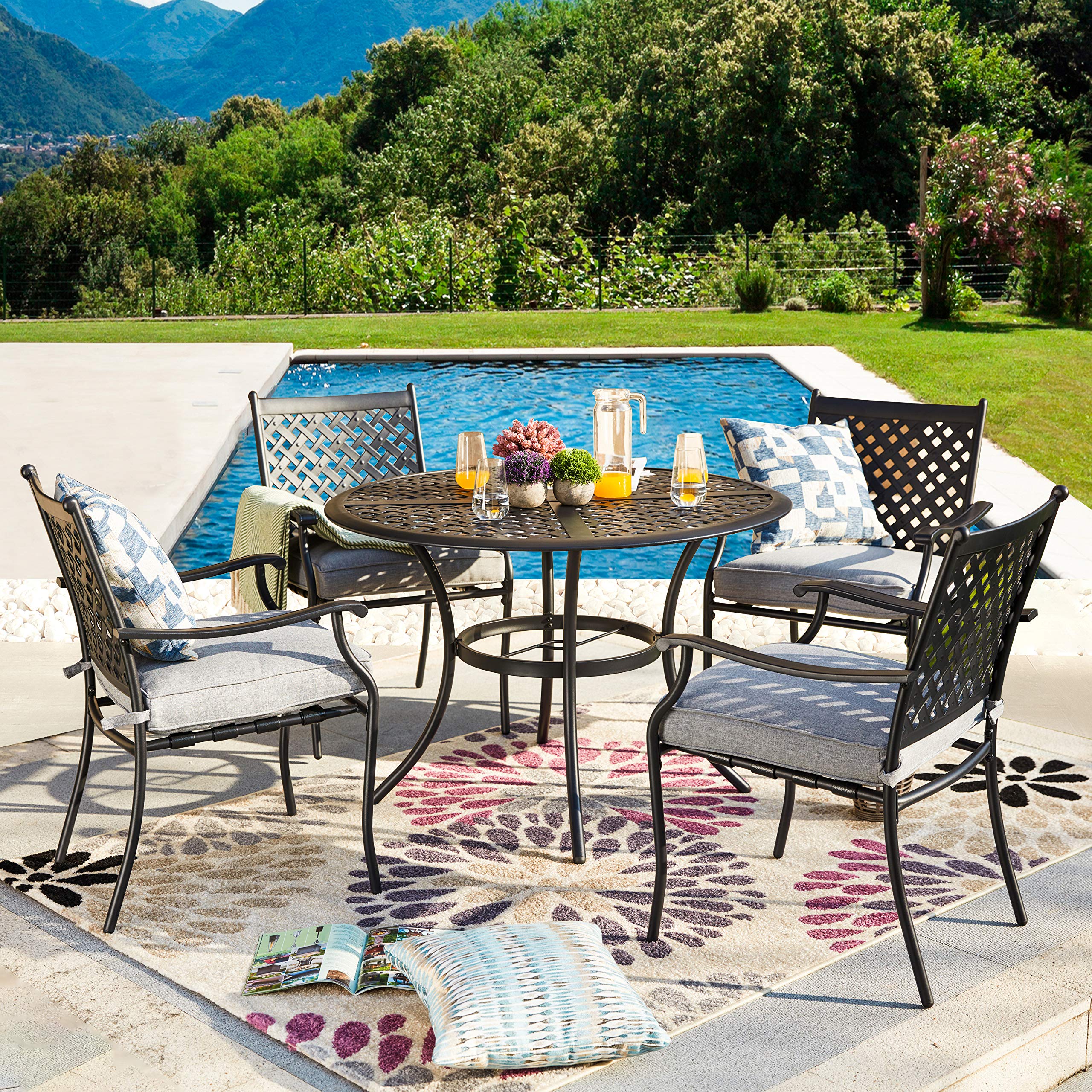 **PatioFestival 5-Piece Outdoor Dining Set with Cushions - Steel Table with Umbrella Hole & Armrest Chairs (Grey) - Perfect for Backyard, Garden, and Patio Entertaining**