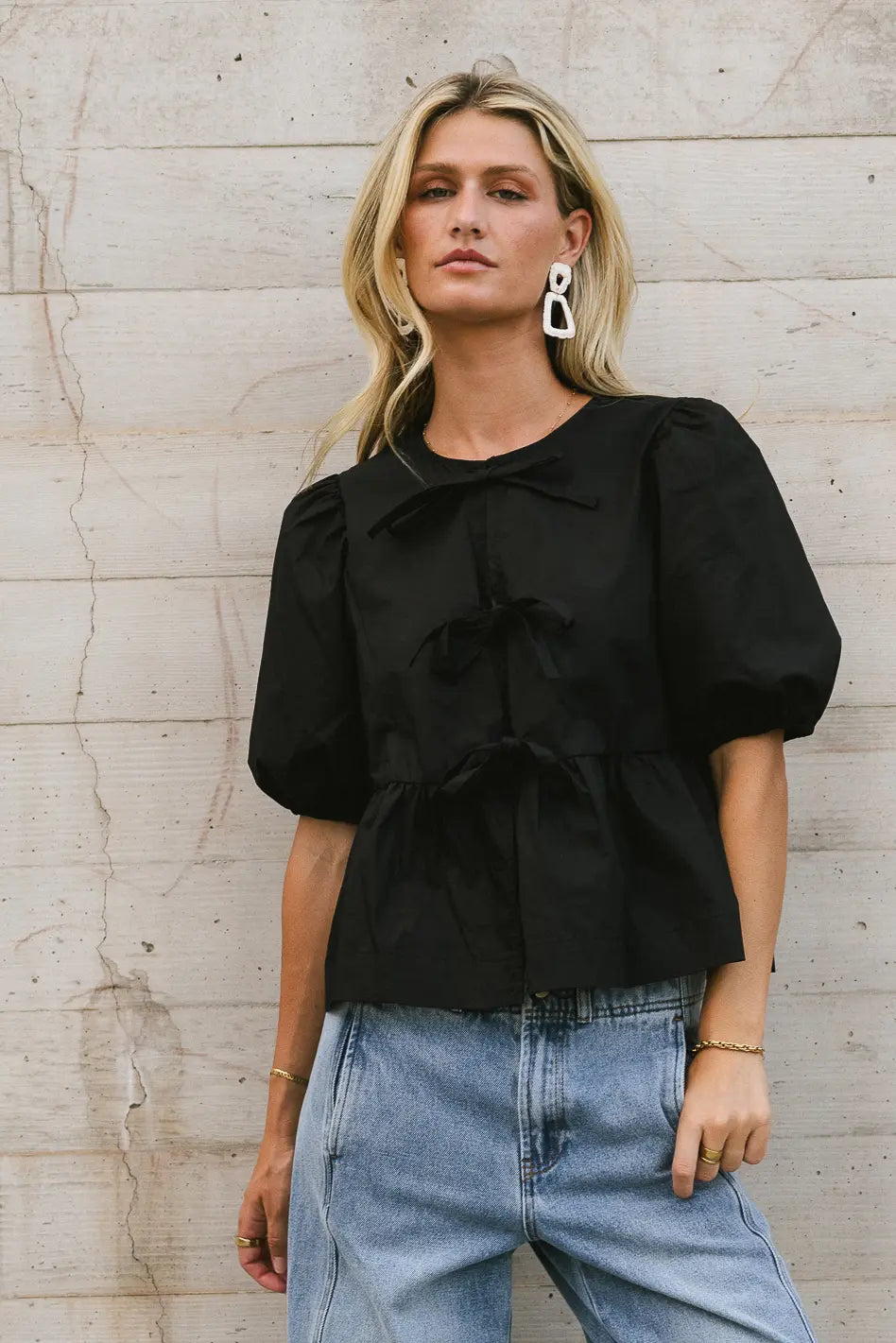 Elegant Natalia Peplum Tie Blouse in Black - Women's Fashion Tops for Work, Party & Special Occasions | Final Sale