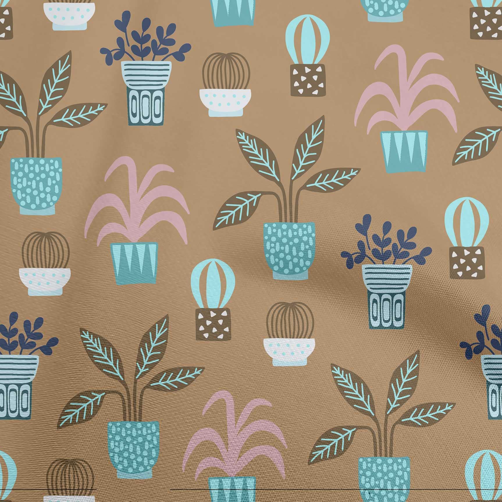 Velvet Brown Fabric with Flower Pots Motif - 58 Inch Wide Sewing Material by The Yard for DIY Home Decor, Upholstery & Craft Projects