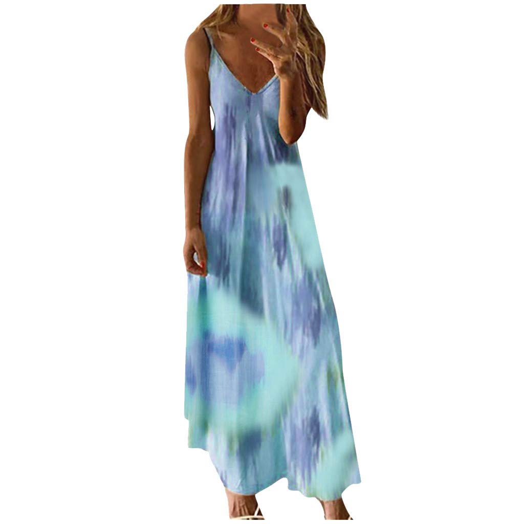 Women's Casual Summer V-Neck Tie-Dye Printed Maxi Dress - Sleeveless Long Party Dress for Beach, Vacation & Outdoor Events
