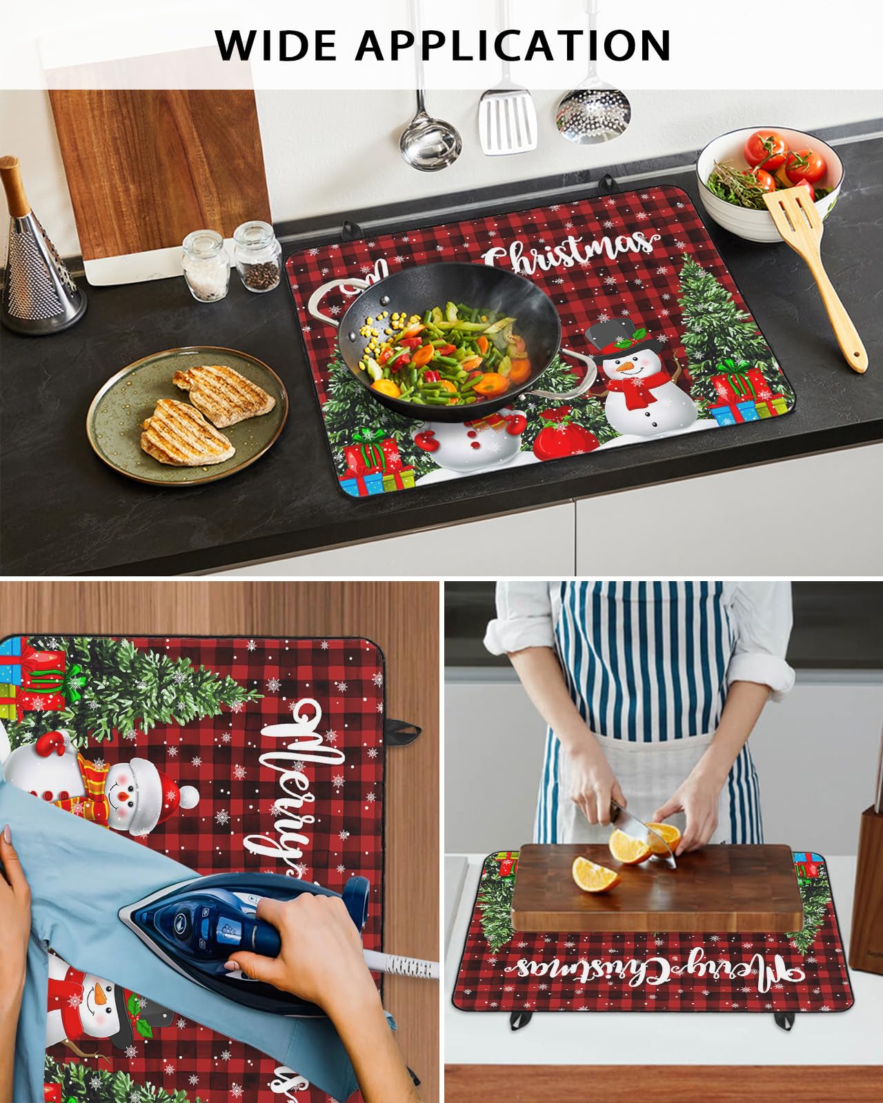 Electric Stove Cover - Heat Resistant Rubber Mat with Christmas Snowman & Xmas Tree Design, Buffalo Plaid Red Black Foldable Cooktop Protector for Glass Top Stoves, 28.5
