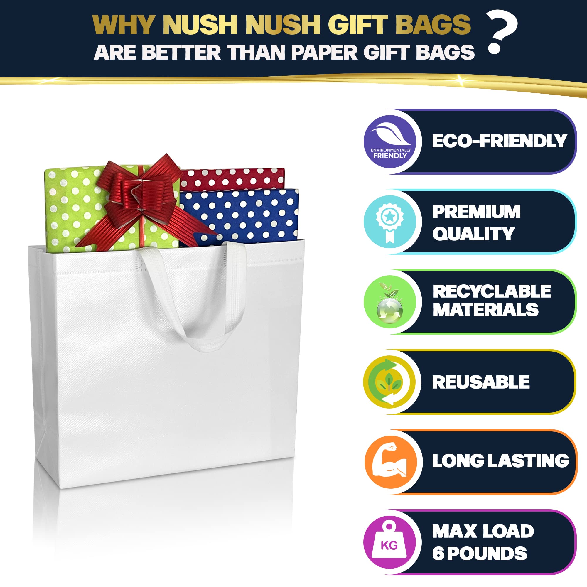 Premium White Gift Bags Bulk Pack of 12 - Large Reusable Shiny Party Favor Bags with Handles (13