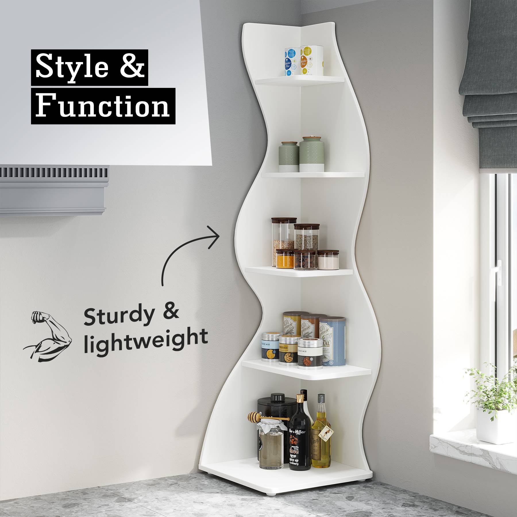 5 Tier Corner Shelf - Modern Wall Mounted Corner Bookshelf for Living Room, Bedroom, Office | Space Saving Storage Solution for Books, Plants & Decor