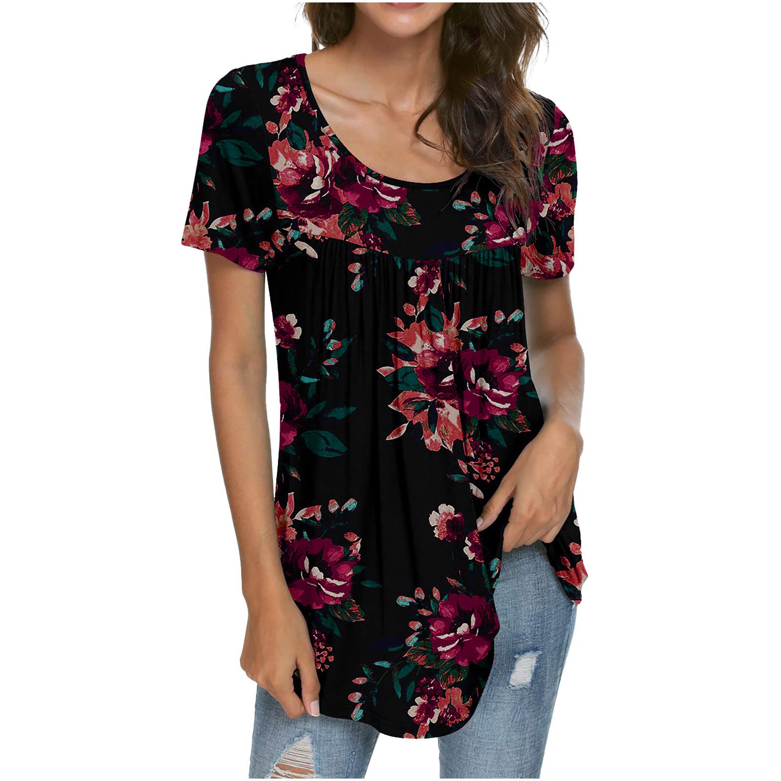 Boho Tops for Women - Summer Short Sleeve Gradient Print Fold Casual Blouse - Perfect for Beach Vacations, Music Festivals & Boho Chic Outfits