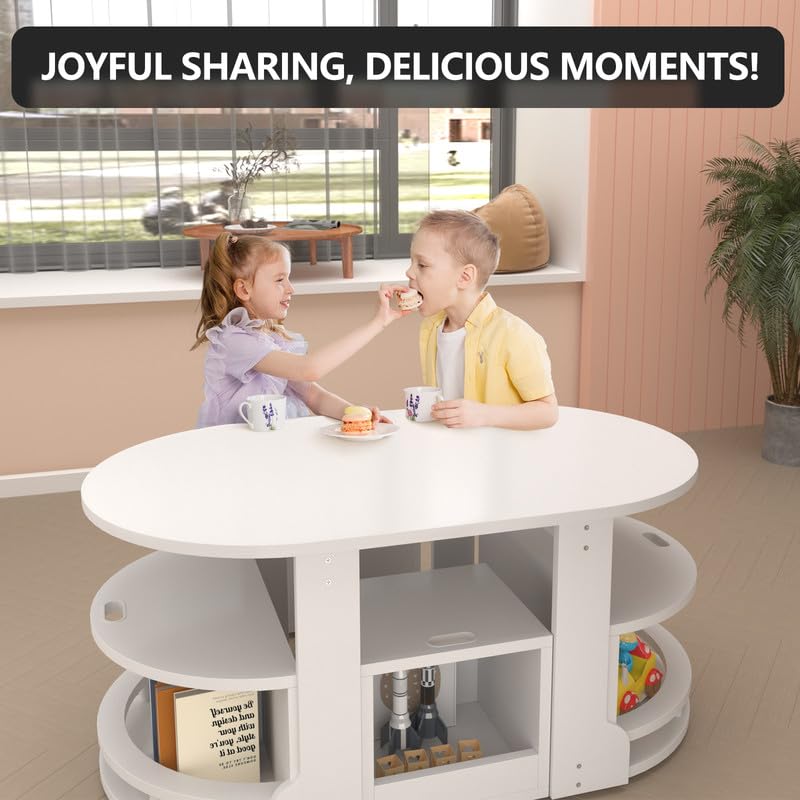 White Kids Table and Chairs Set - Elliptical Toddler Table with 4 Stools & Storage, Nesting Design for Ages 2-6 | Perfect for Playroom, Preschool Learning, Arts & Crafts Activities