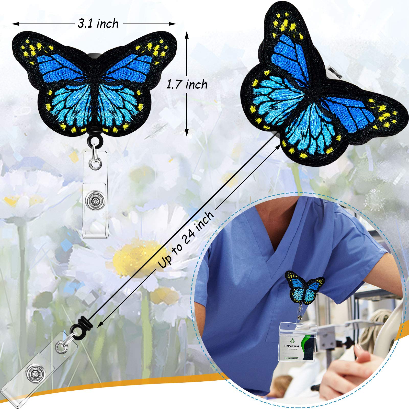 4-Pack Cute Butterfly Badge Reels with Retractable Lanyard & Alligator Clips - Nurse ID Holder for Healthcare Workers, Teachers, Students & Volunteers (Pink, Yellow, Cyan, Purple) - Perfect for Hospitals, Schools & Office Identification