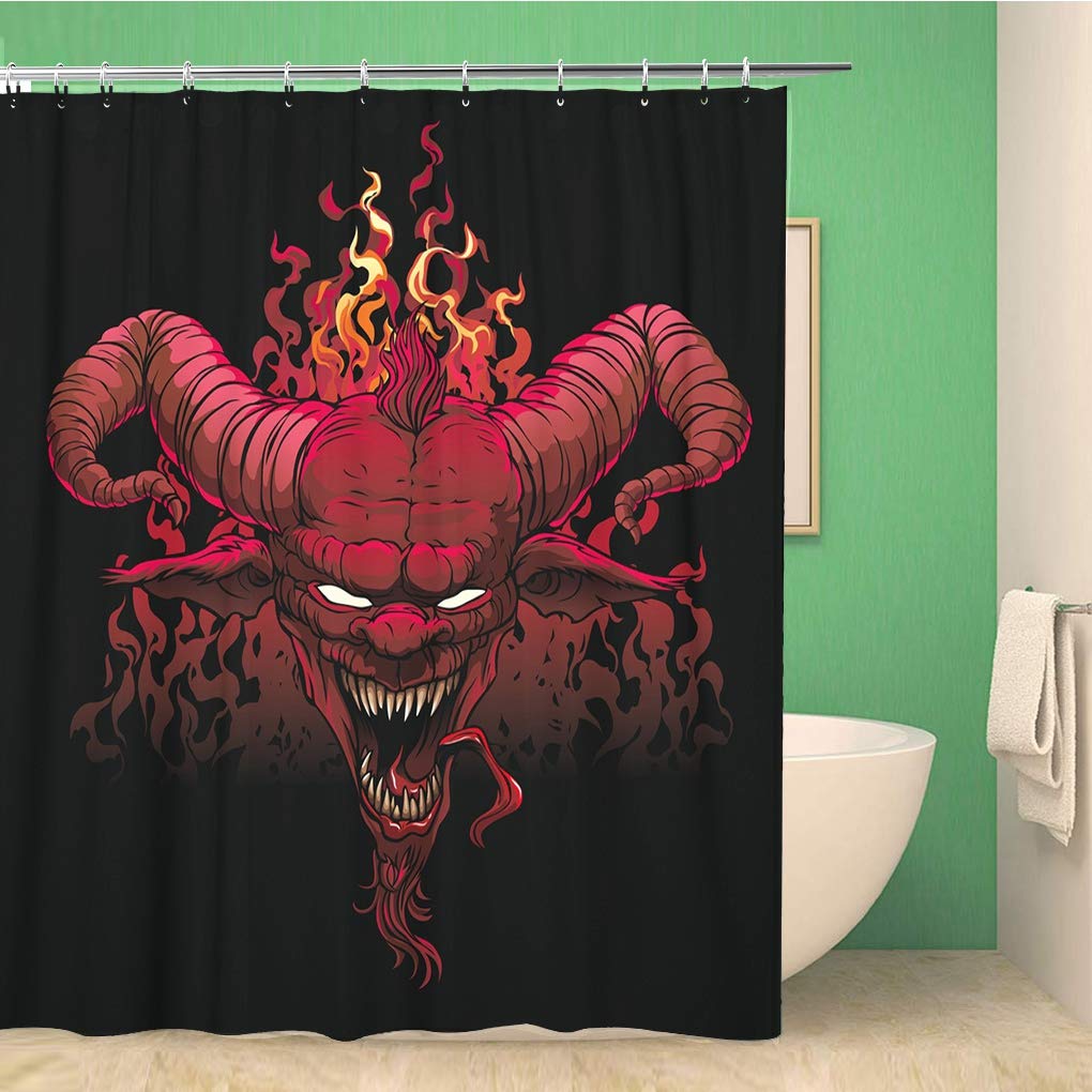 Red Demon Devil Head Satan Lucifer Dark Monster Horn Hell Bathroom Shower Curtain - 60x72 Inch Waterproof Polyester Fabric with Hooks - Perfect for Gothic, Horror, Halloween Themed Bathrooms & Dorm Decor