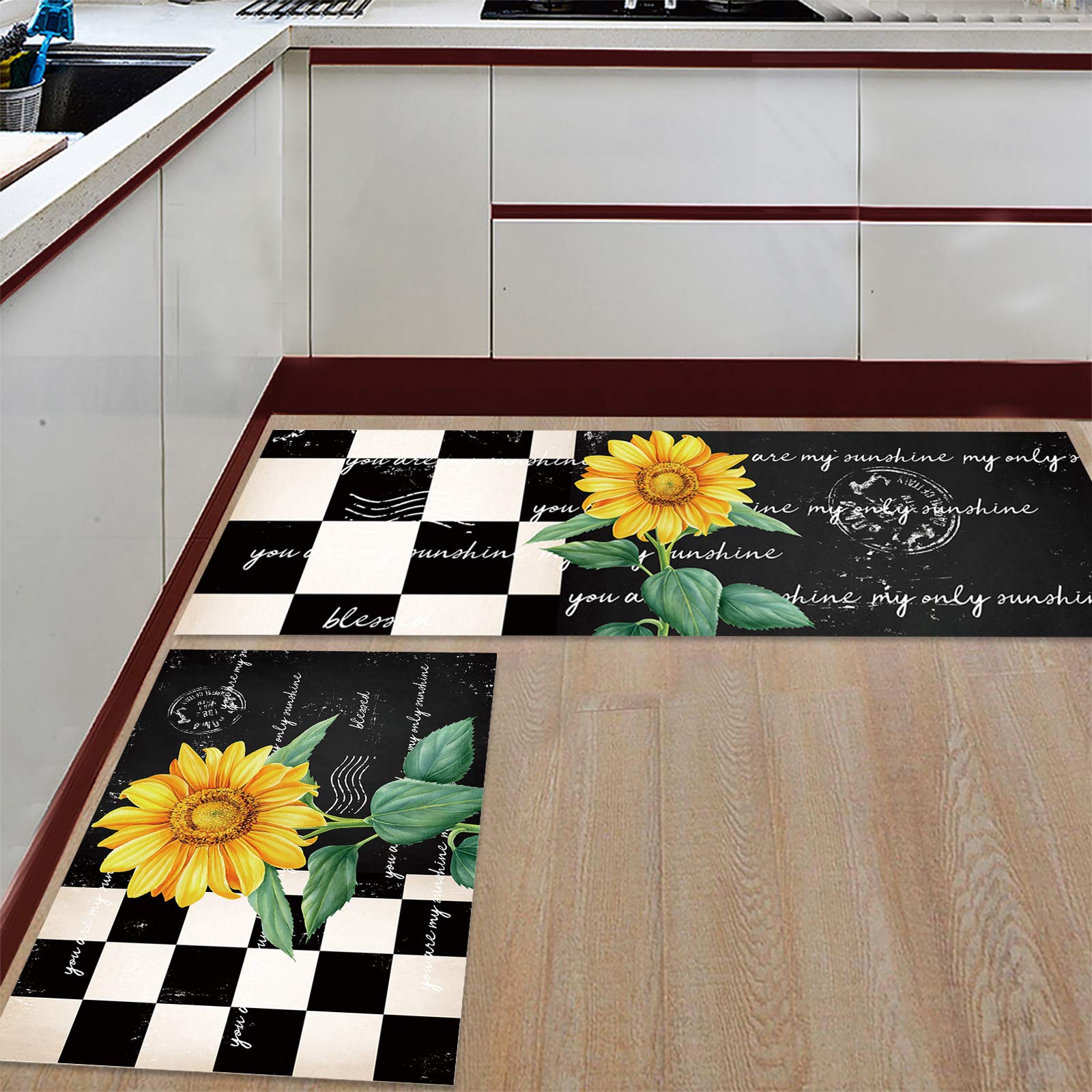 Non-Slip Kitchen Rugs Set of 2 - Rustic Sunflower Floral Pattern & Wood Grain Design, Waterproof Cushioned Floor Mats for Kitchen, Laundry Room & Living Room Decor | Perfect for High-Traffic Areas & Spill-Prone Spaces