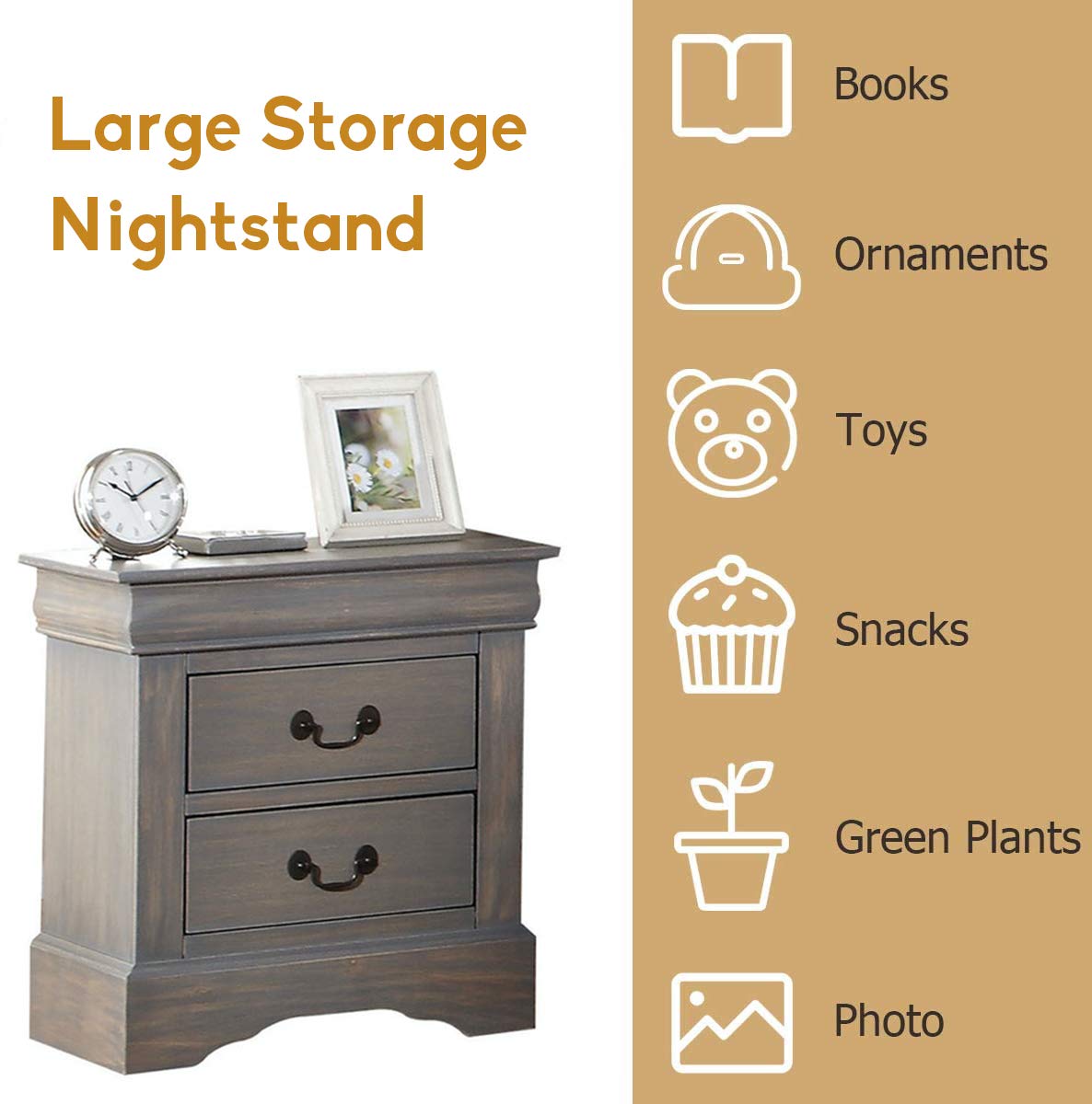 Modern 2-Drawer Nightstand with Handles - Solid Wood Bedside Table for Bedroom, Living Room & Dorm - No Assembly Needed - Grey Antique Finish | Perfect for Small Spaces, Guest Rooms & Apartment Decor