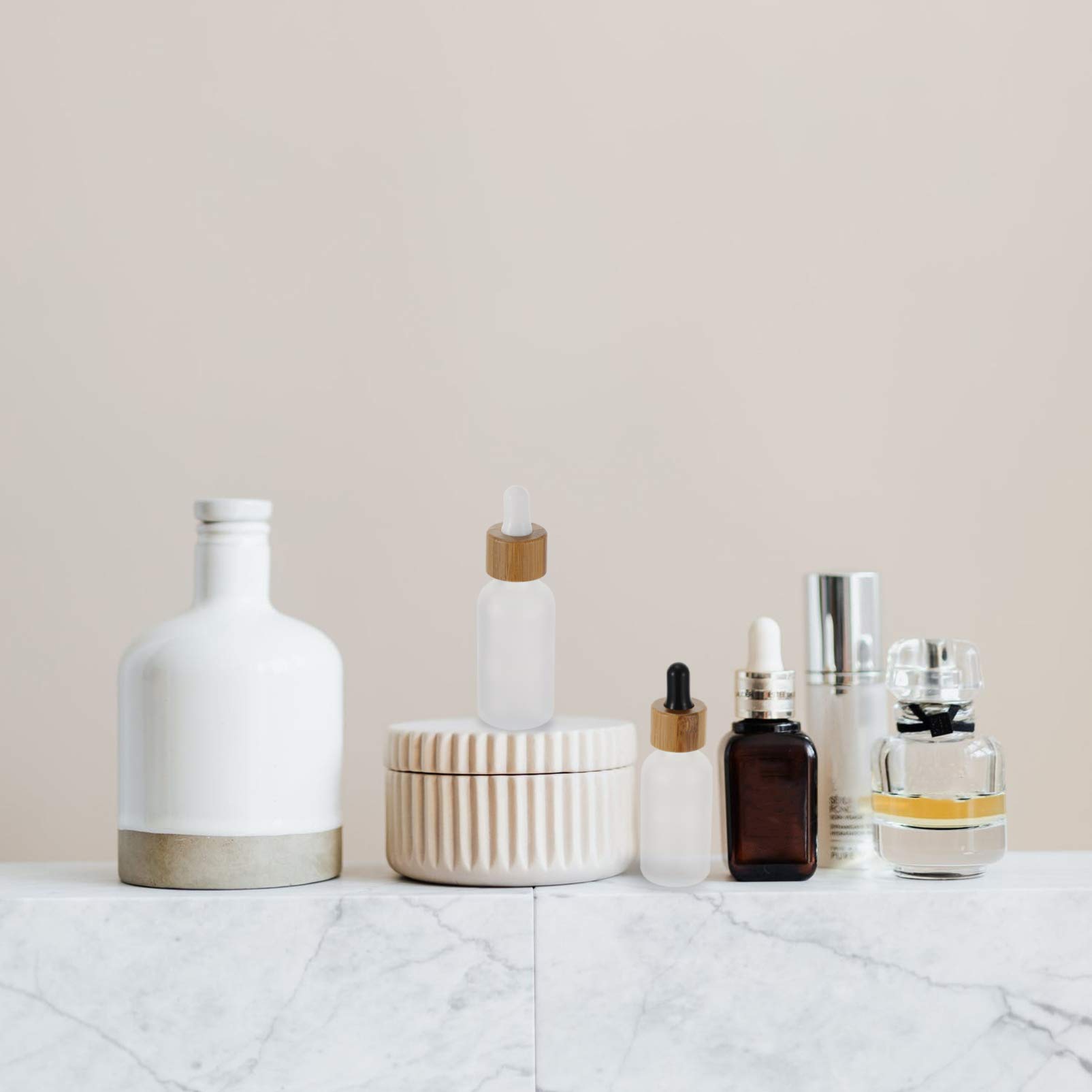 HEALLILY 4 Pack 10ml Frosted Glass Dropper Bottles with Bamboo Lids - Essential Oil Containers, Perfume Sample Vials, Cosmetic Liquid Storage - Perfect for DIY Beauty, Aromatherapy & Travel Use