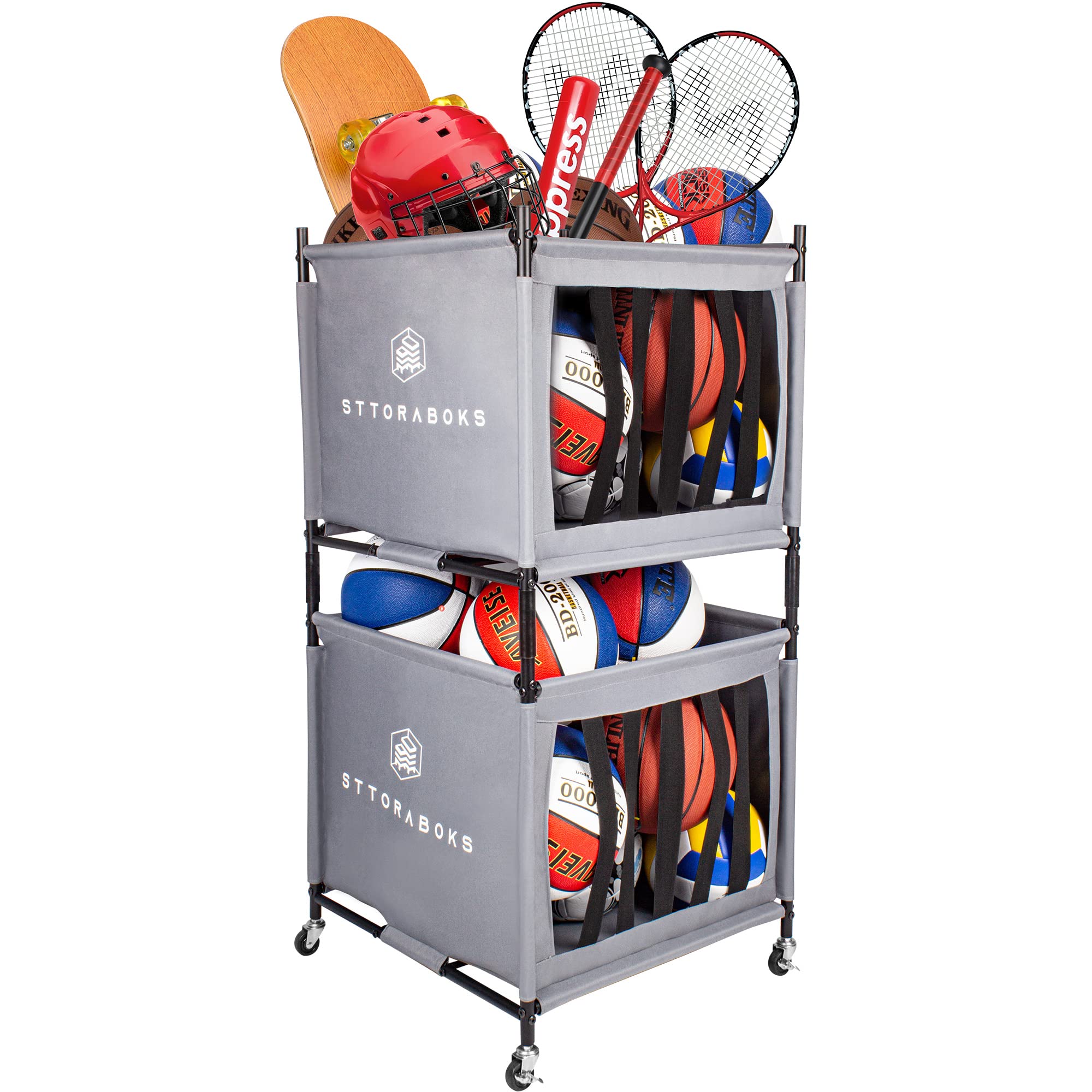 Lockable Sports Ball Storage Cart with Wheels - Stackable Ball Organizer Basket with Elastic Straps for Garage, Gym & Sports Equipment | Portable Ball Cage for Basketball, Soccer, Volleyball & Playground Use