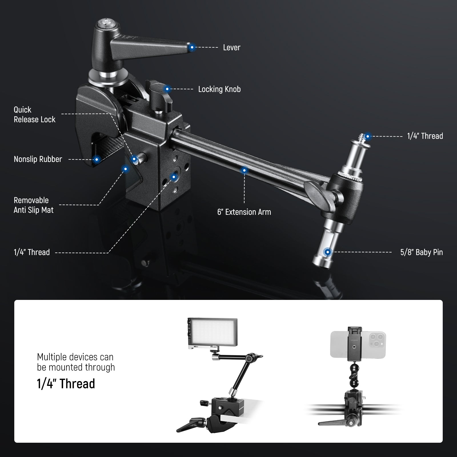 NEEWER UA048 Super Clamp with 6 Extension Arm - Heavy Duty Camera Mount for DSLR, Video, Lighting Equipment - Perfect for Photography, Videography, and Studio Setups