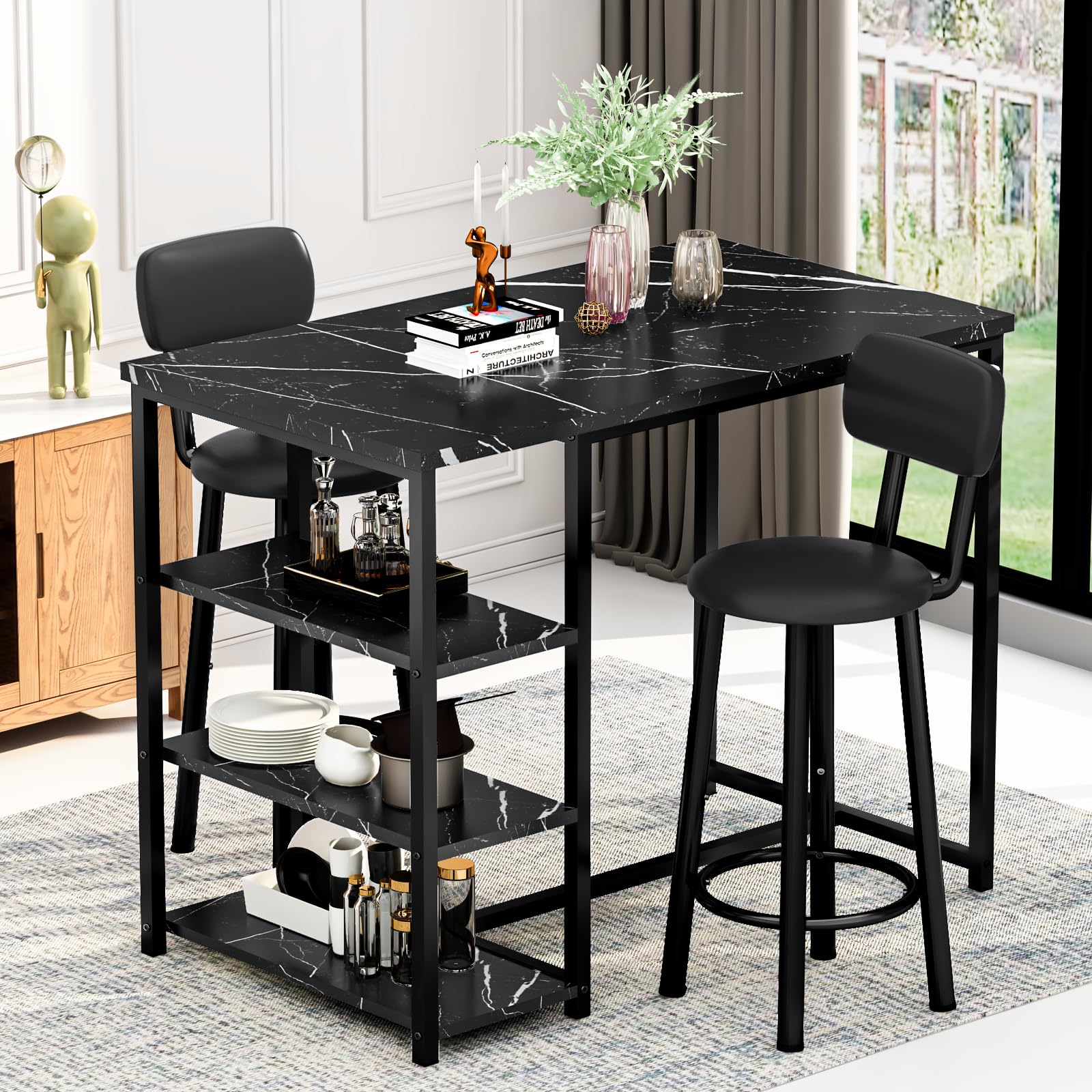 2-Piece Counter Height Pub Table Set with 2 PU Leather Bar Stools & 3 Storage Shelves - Small Space Dining Solution for Kitchen, Bar or Apartment | Perfect for Entertaining, Breakfast Nook & Compact Living Spaces