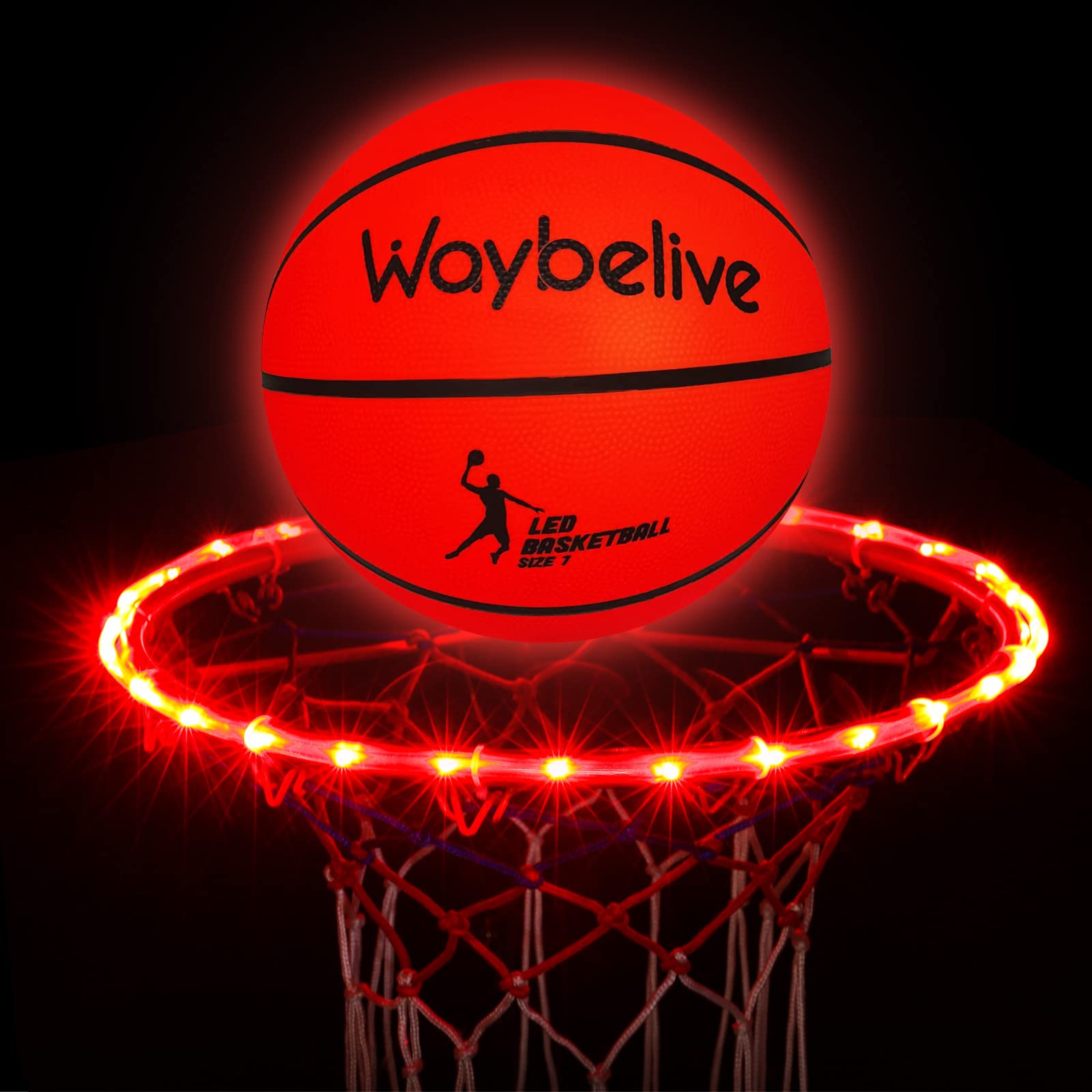 Waybelive LED Light Up Basketball - Size 7, Indoor/Outdoor Basketball with 2 Super Bright LED Lights, Waterproof, Pre-Installed Batteries - Perfect for Night Games, Birthday Gifts for Kids & Teens, Backyard Fun and Camping Activities