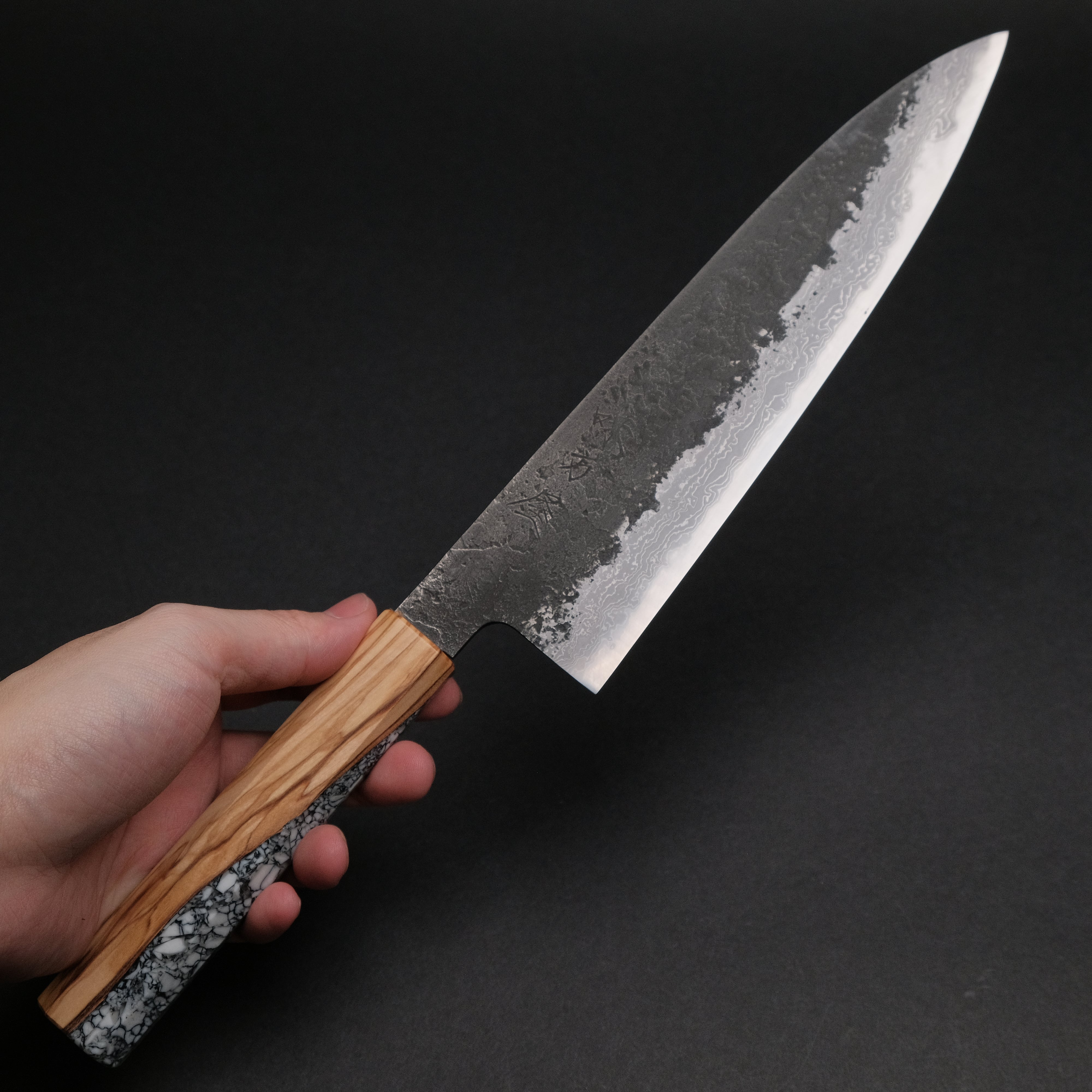 Premium Ajikataya White #2 Nashiji Damascus Gyuto 210mm Japanese Chef Knife with Olive/TQRV Handle (#45) - Perfect for Sushi, Meat Slicing & Professional Kitchen Use