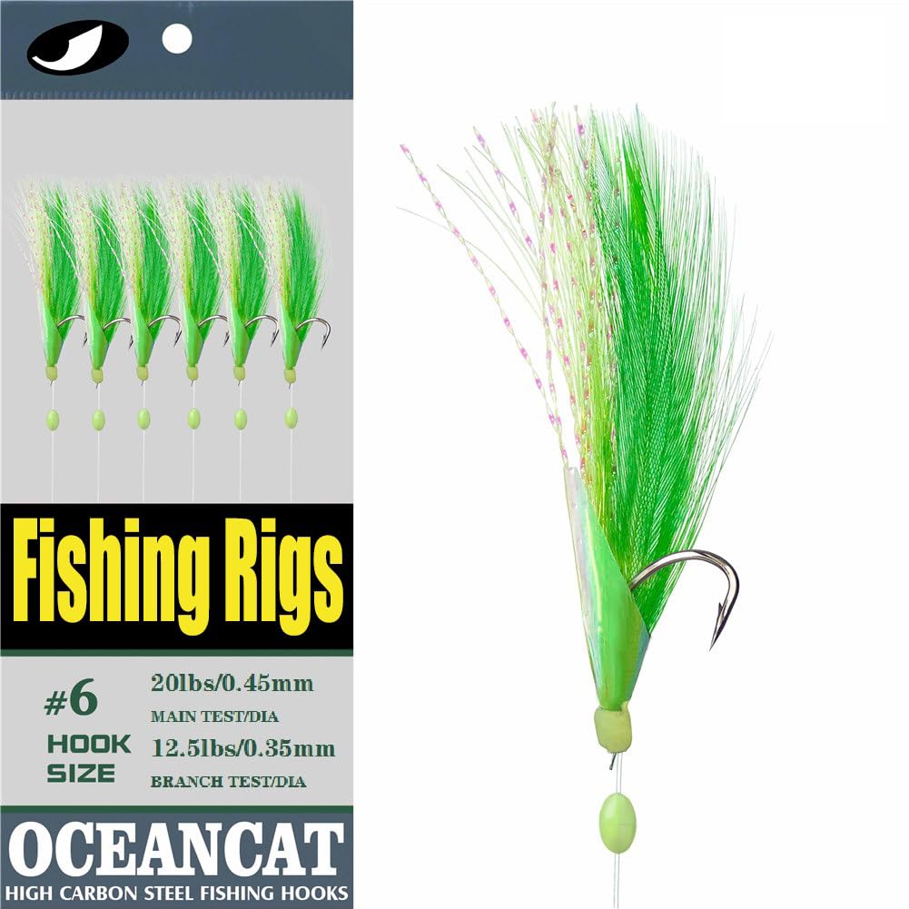 OCEAN CAT 10-Pack Green Feather Fishing Rigs with 6 Glow Bead Hooks - High Carbon Saltwater & Freshwater Lures for Bass, Trout, Catfish - Perfect for Night Fishing and Deep Sea Angling