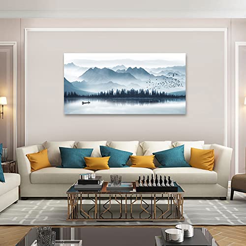 arteWOODS Indigo Misty Mountain Lake Canvas Wall Art - Framed Forest Landscape Painting with Birds, Ready to Hang 24x48 Inches - Perfect for Living Room, Bedroom & Office Decor