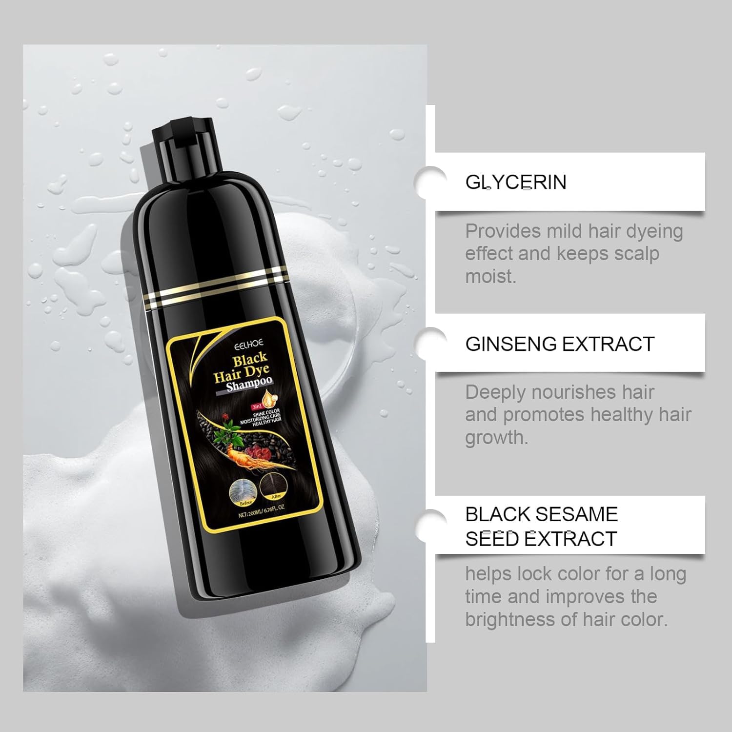 Natural Black Hair Dye Shampoo with Plant Extracts - Long Lasting Grey Coverage, 3-in-1 Formula for Men & Women (100ml) - Easy At-Home Hair Coloring for Daily Use & Special Occasions