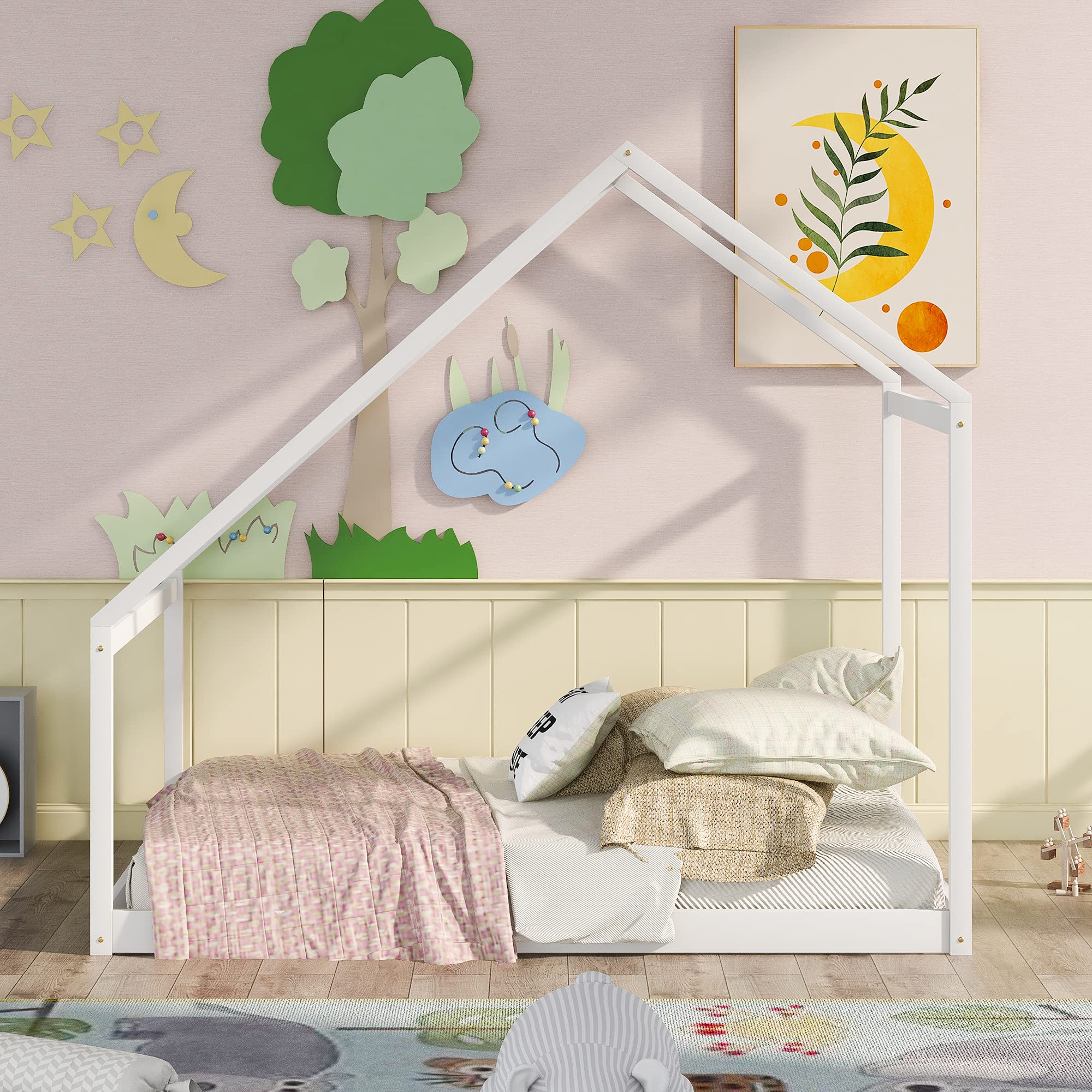 Wooden House Bed for Kids - Full Size White Bed Frame for Bedroom Decor