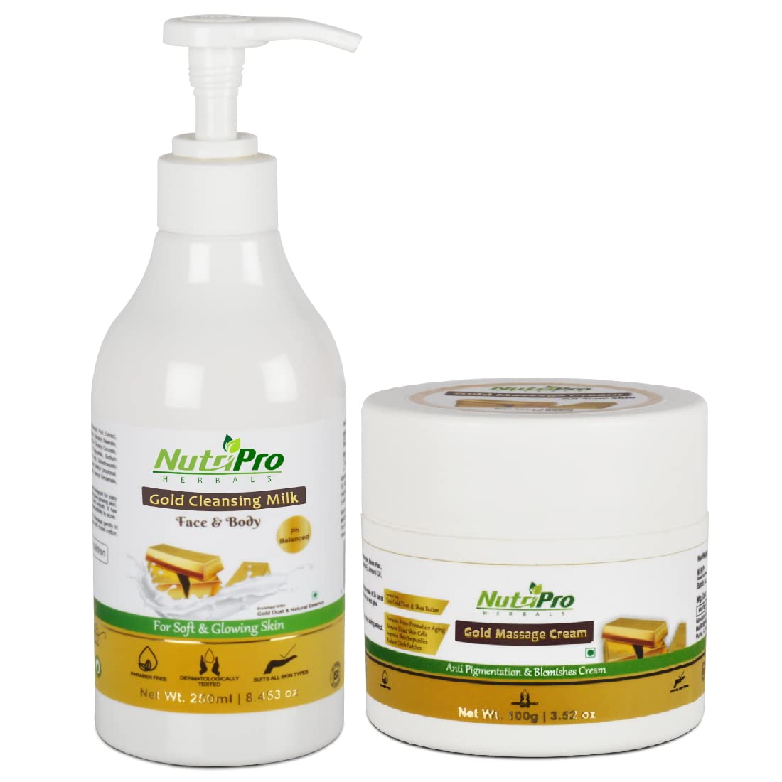 NutriPro Gold Cleansing Milk with Gold Massage Cream 350g - Vitamin E, Almond Oil & Apple Extract for Soft, Glowing Skin | Anti-Acne Treatment | Daily Facial Cleanser for Dry & Sensitive Skin | Perfect for Morning & Night Skincare Routine