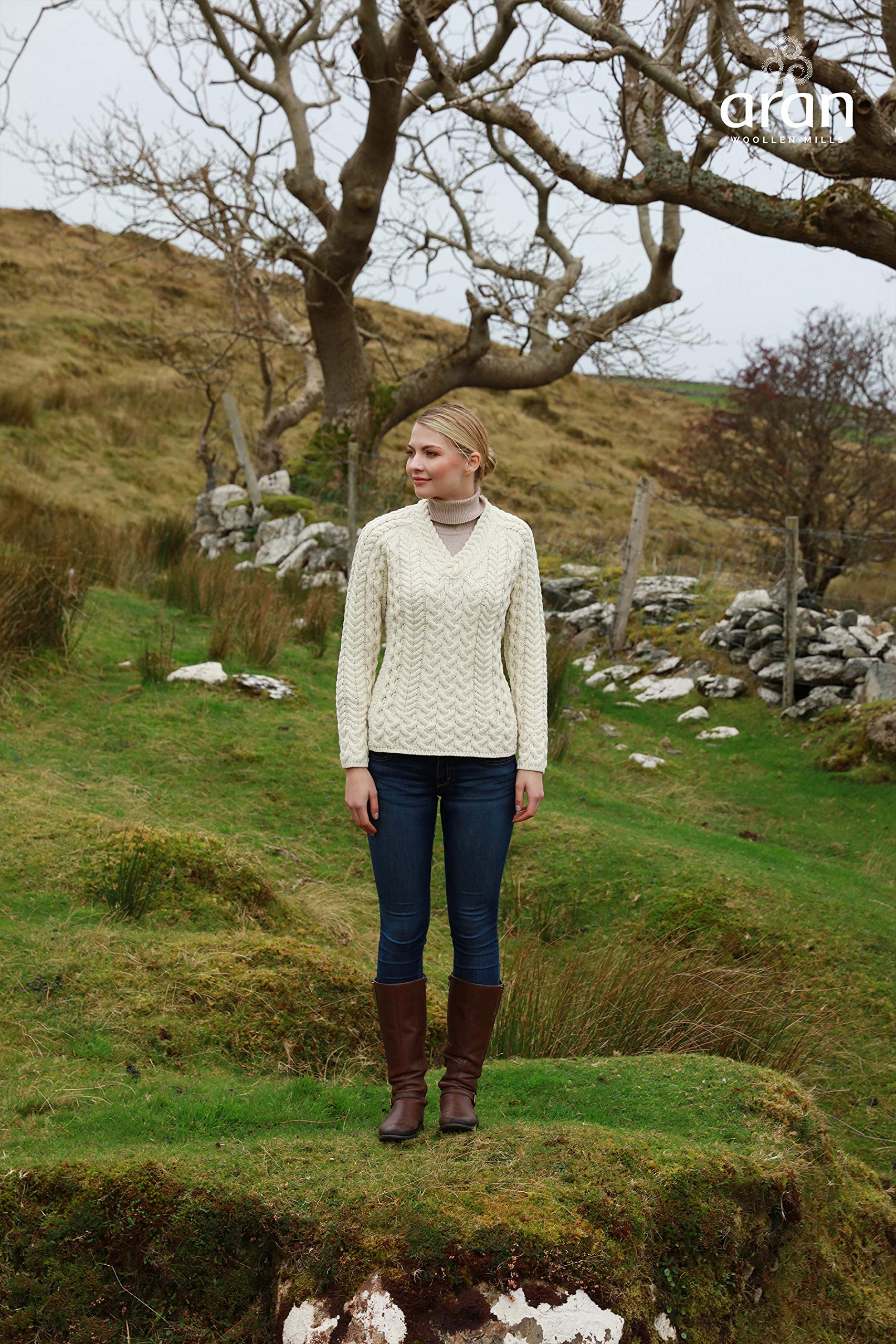 Authentic Irish Women's Sweater - 100% Merino Wool Cable Knit V-Neck Pullover Made in Ireland | Warm Winter Fashion, Casual Outfit & Holiday Gift for Her