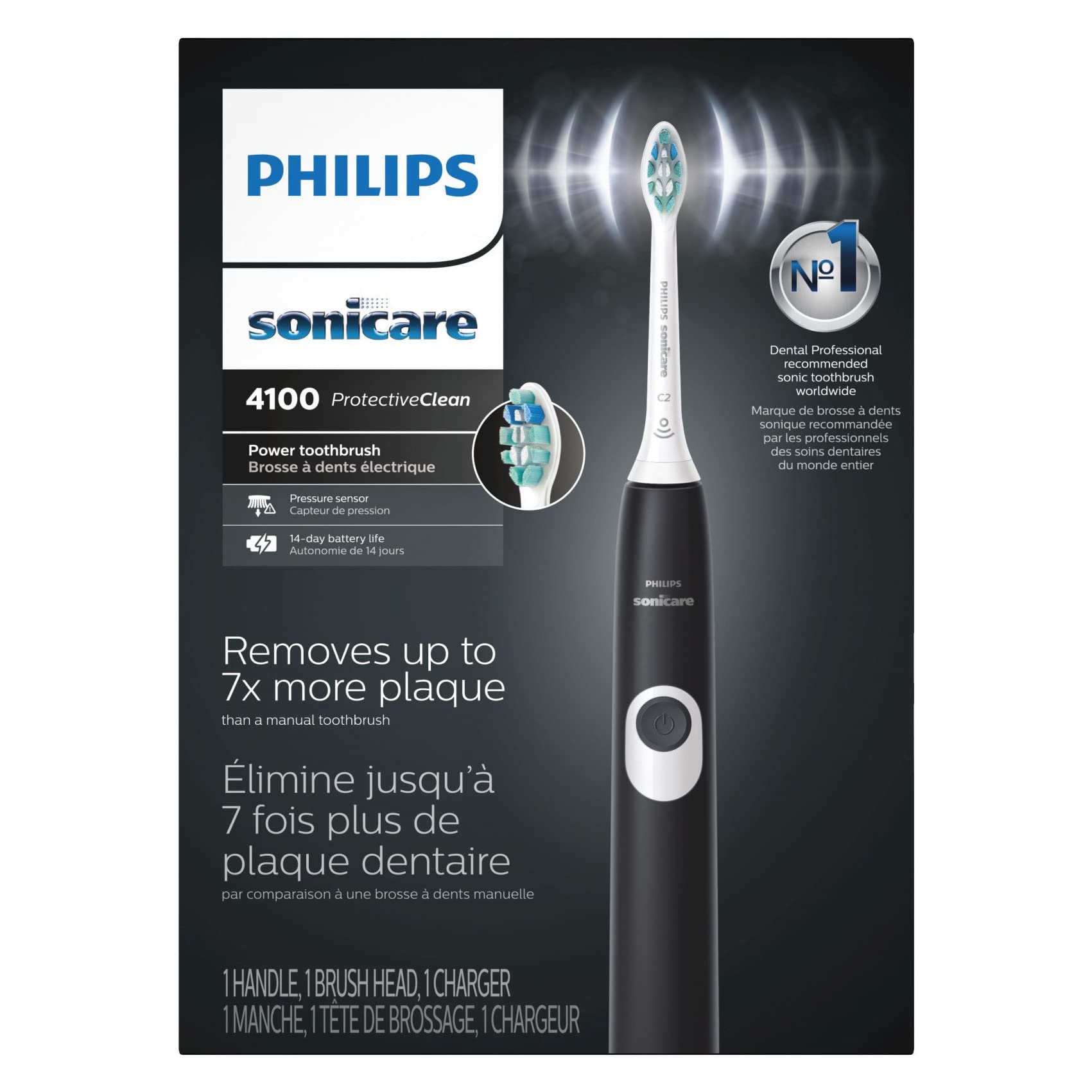 Philips Sonicare ProtectiveClean 4100 Rechargeable Electric Toothbrush - Black | Plaque Control with Pressure Sensor | 2 Week Battery Life | Ideal for Travel & Daily Oral Care