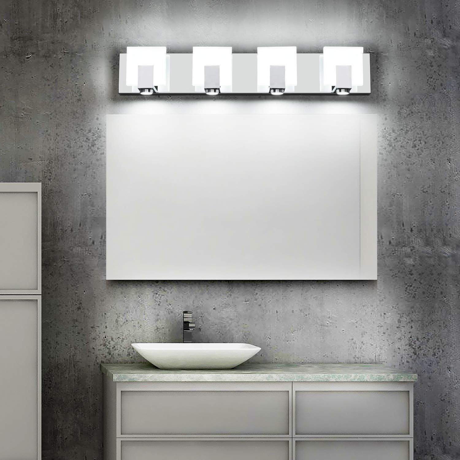 SOLFART Modern 4-Light LED Vanity Light Fixture - Dimmable Bathroom Lighting with Chrome Stainless Steel & Acrylic Shade - Perfect for Bathroom Mirror, Makeup Area and Spa-Style Decor (Model 7249)