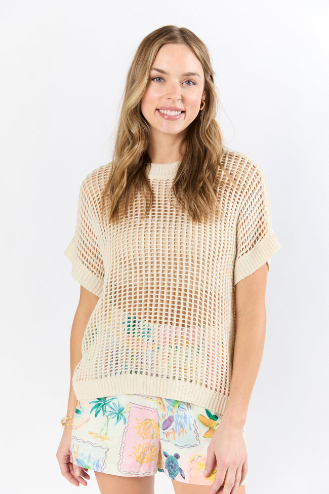 Wave Of Relief Beige Short Sleeve Open Knit Cover Up Sweater - Lightweight Summer Beach Cover Up, Boho Chic Loungewear for Women, Perfect for Poolside, Vacation & Casual Outings