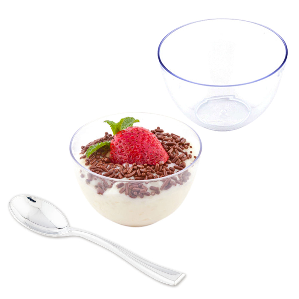 100 Pack 4 oz Clear Plastic Disposable Cups with 100 Silver Mini Plastic Spoons - Perfect for Parties, Events, and Bodega Drinks