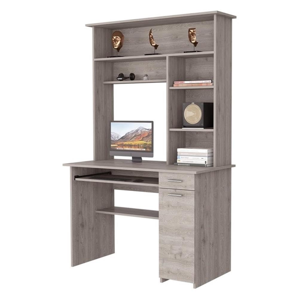 Weston 180 Two Computer Desk with Hutch - Light Gray Home Office Desk with Retractable Keyboard Tray, Drawer, CPU Panel & 6 Open Shelves | Perfect for Small Spaces, Gaming Setup & Remote Workstations