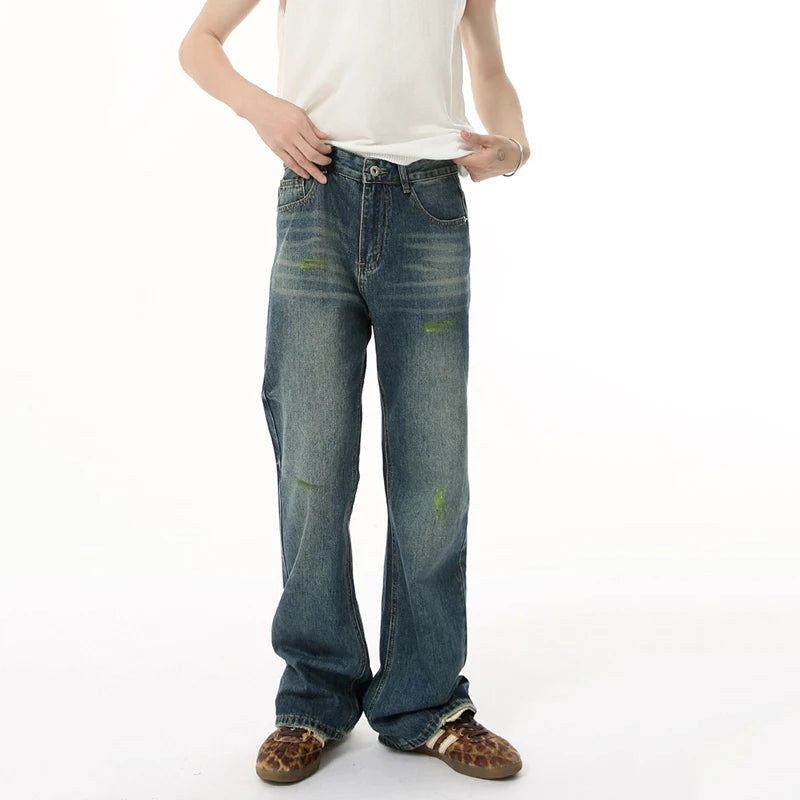 Trendy Men's Washed Denim Jeans - High Street Brushed Paint Micro Flare Casual Pants for American Style | Perfect for Everyday Wear, Street Fashion & Casual Outings