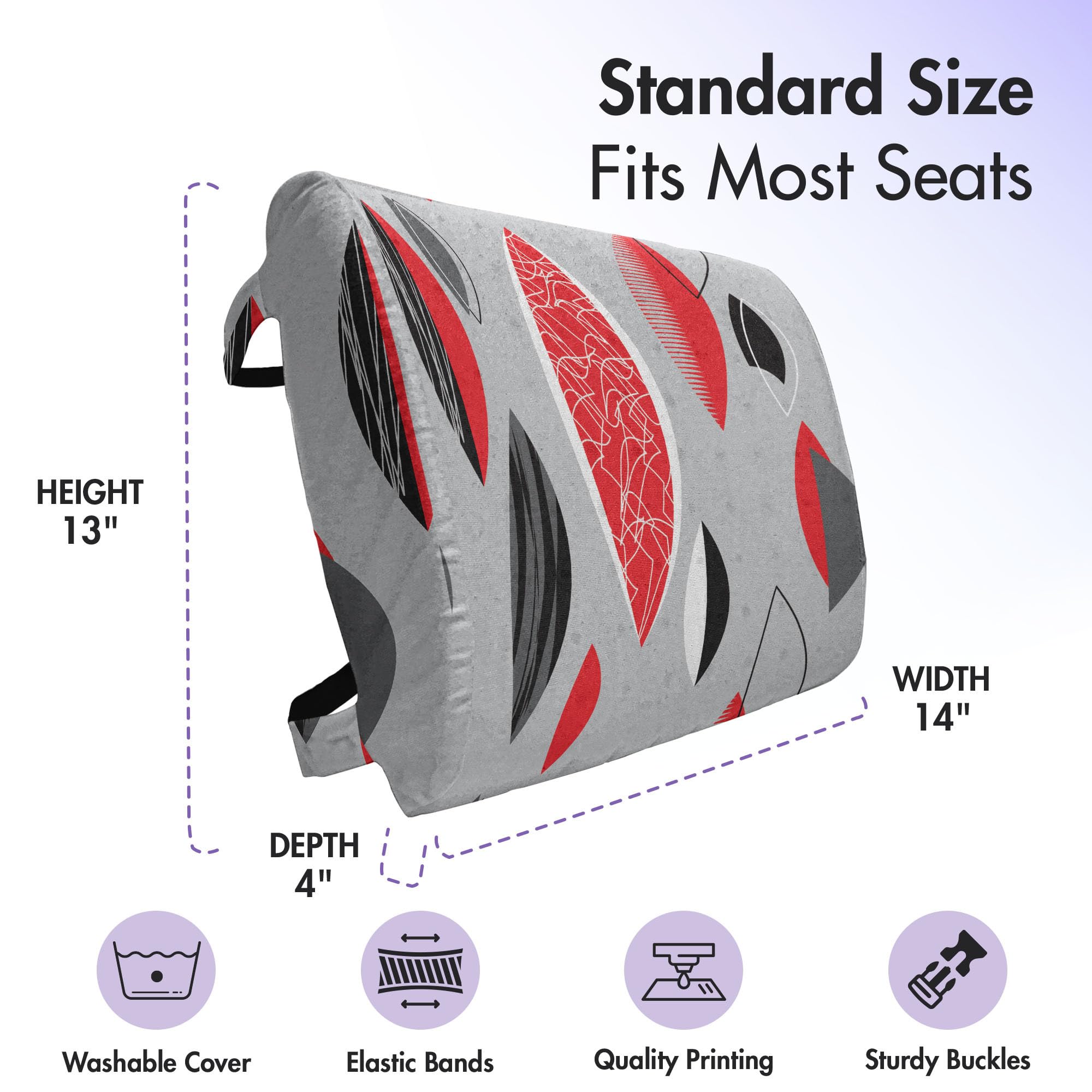 Ambesonne Mid Century Lumbar Support Pillow - Abstract Oval Leaf Design in Red, Black & Grey - High Density Foam for Office Chair & Car Seat (14