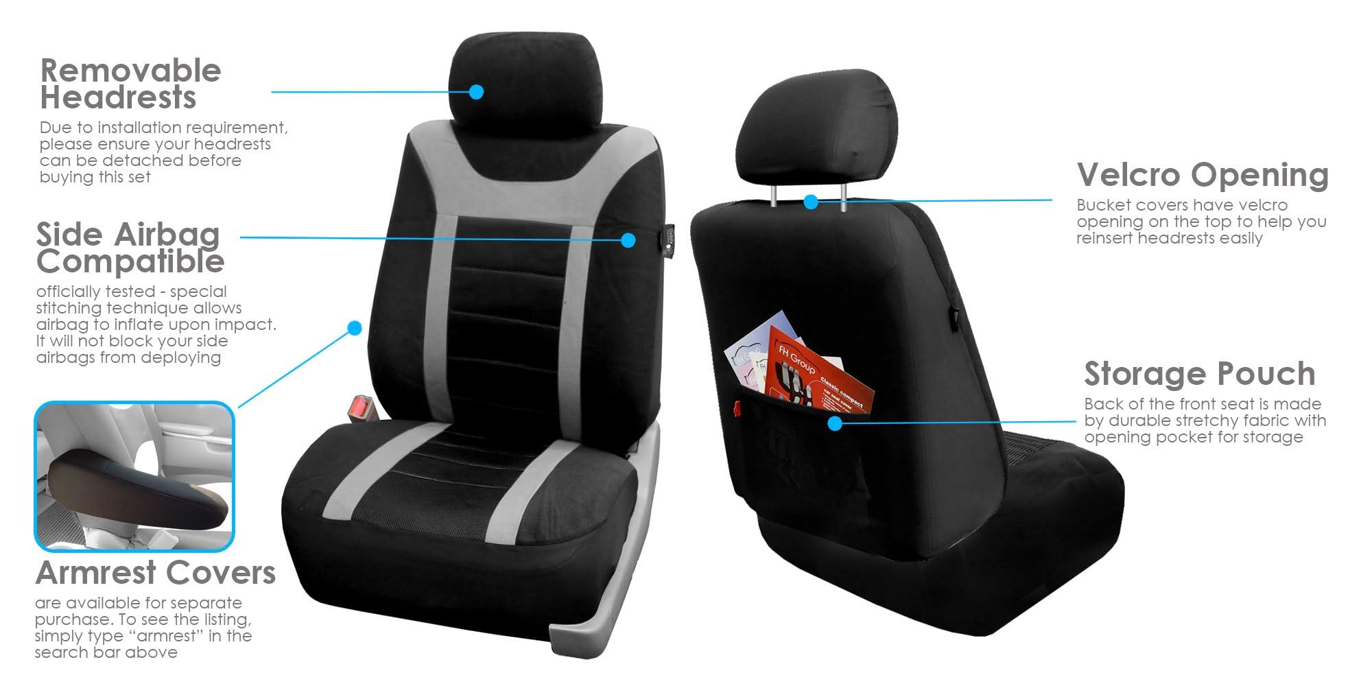 Premium FH Group Car Seat Covers - Universal Fit for Cars, Trucks & SUVs | Sports Fabric, Airbag Compatible | Easy Installation | Gray/Black (FB070102) | Perfect for Daily Commute, Road Trips & Vehicle Protection