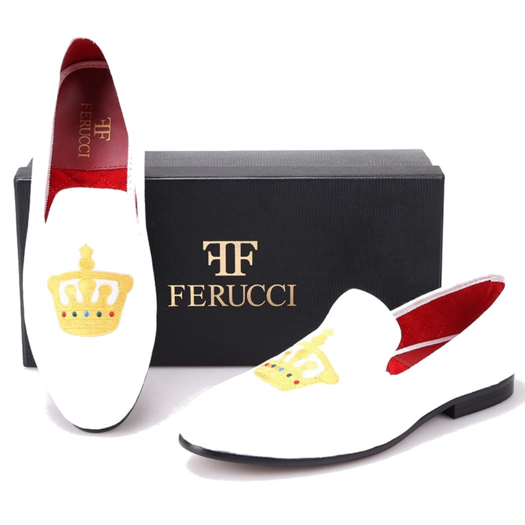FERUCCI Men's Custom White Velvet Loafers with Gold Crown - Luxury House Slippers for Indoor Comfort & Elegant Lounging