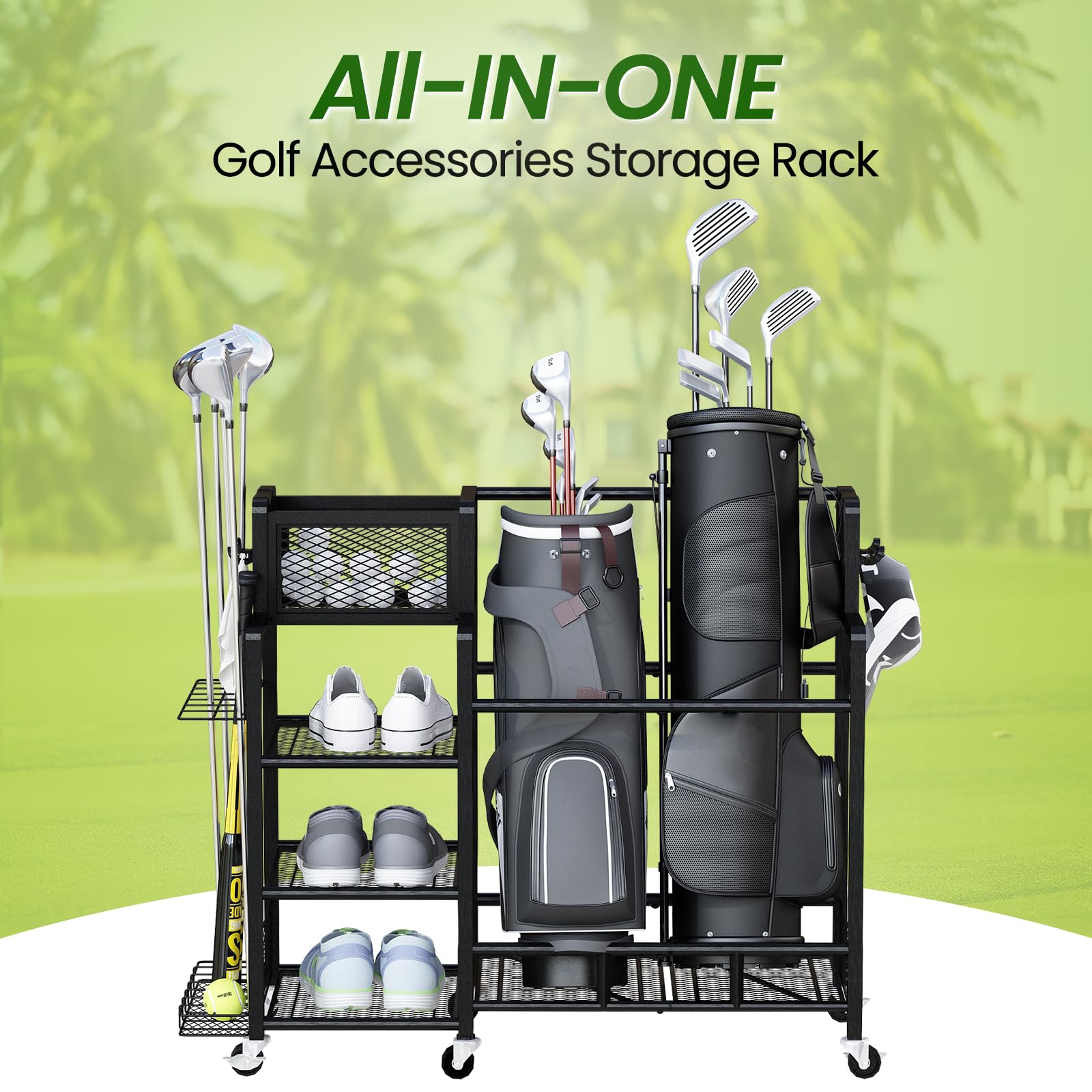Recaceik Large Golf Storage Garage Organizer - Metal Golf Bag Stand with Wheels, Golf Club & Accessories Rack for Garage, Shed & Basement (Black) | Perfect for Golf Equipment Organization & Space Saving
