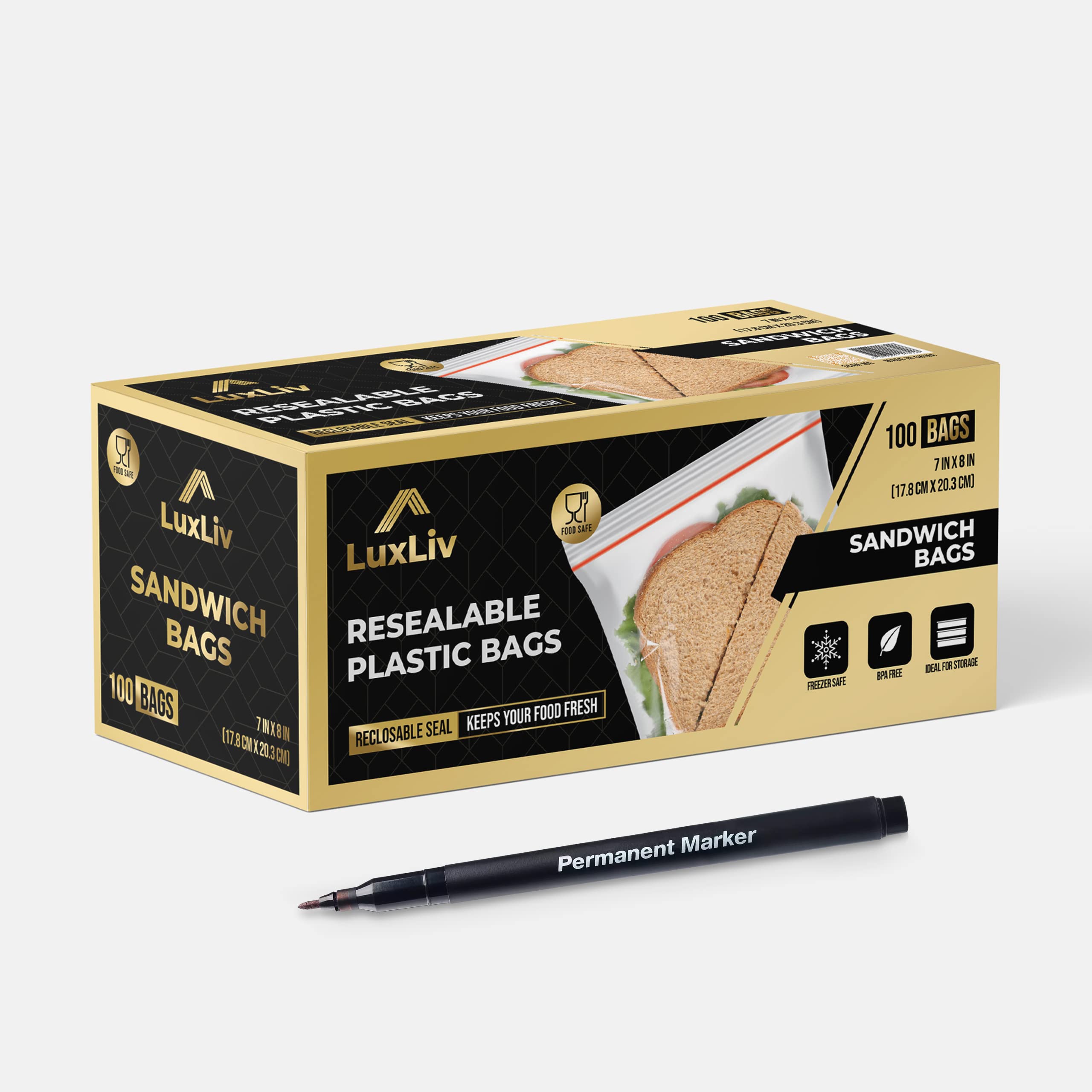 100-Pack LuxLiv® Premium Reusable Plastic Sandwich & Snack Bags - 7x8 Inch BPA-Free Freezer-Safe Food Storage Bags for Lunch, Meal Prep & Organization - Heavy Duty Ziplock Bags for Home, Office & Travel Use