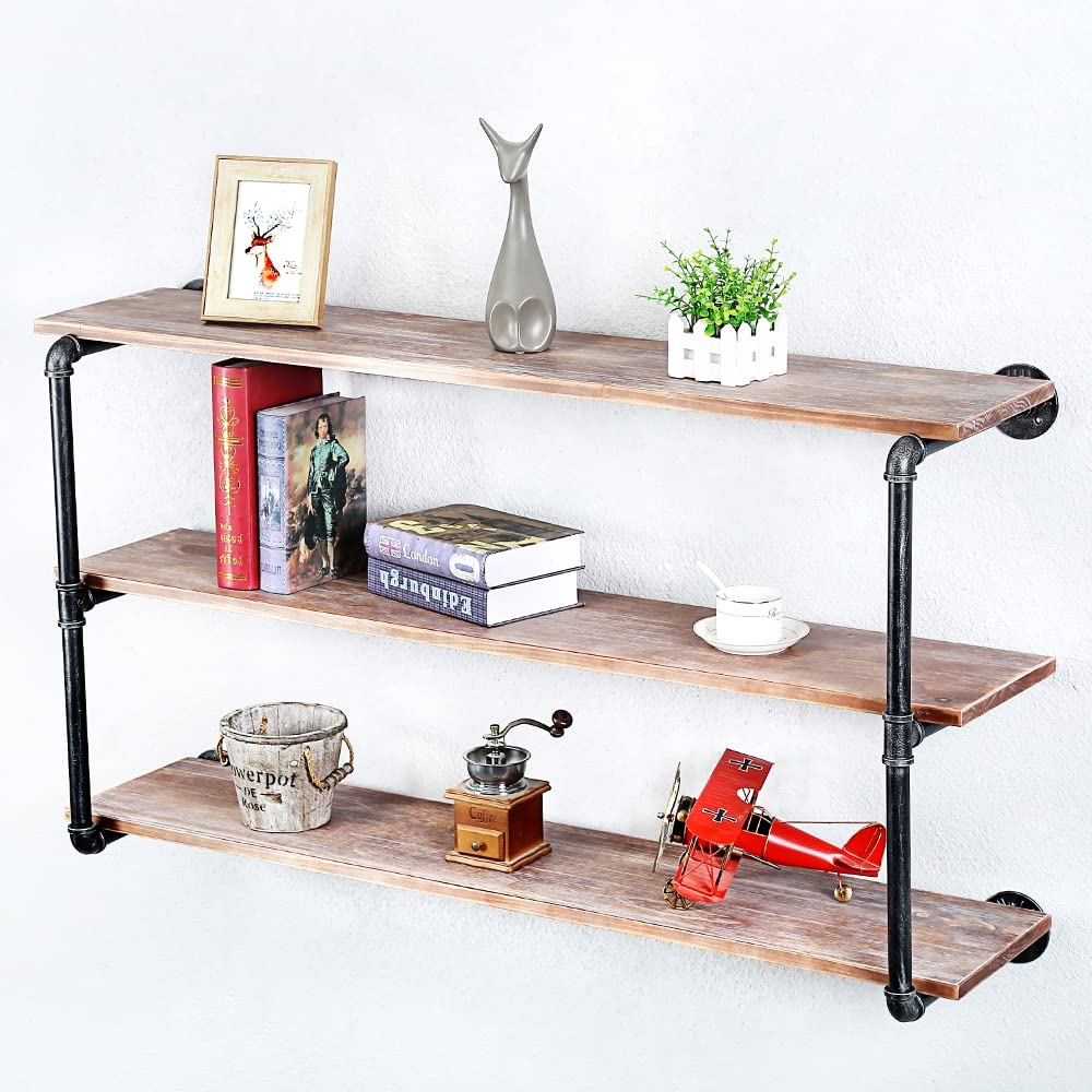 Industrial Pipe Floating Shelves - 3 Tier 48in Wall Mounted Wood & Metal Shelving for Books, Decor & Storage | Rustic Home Office & Living Room Organization