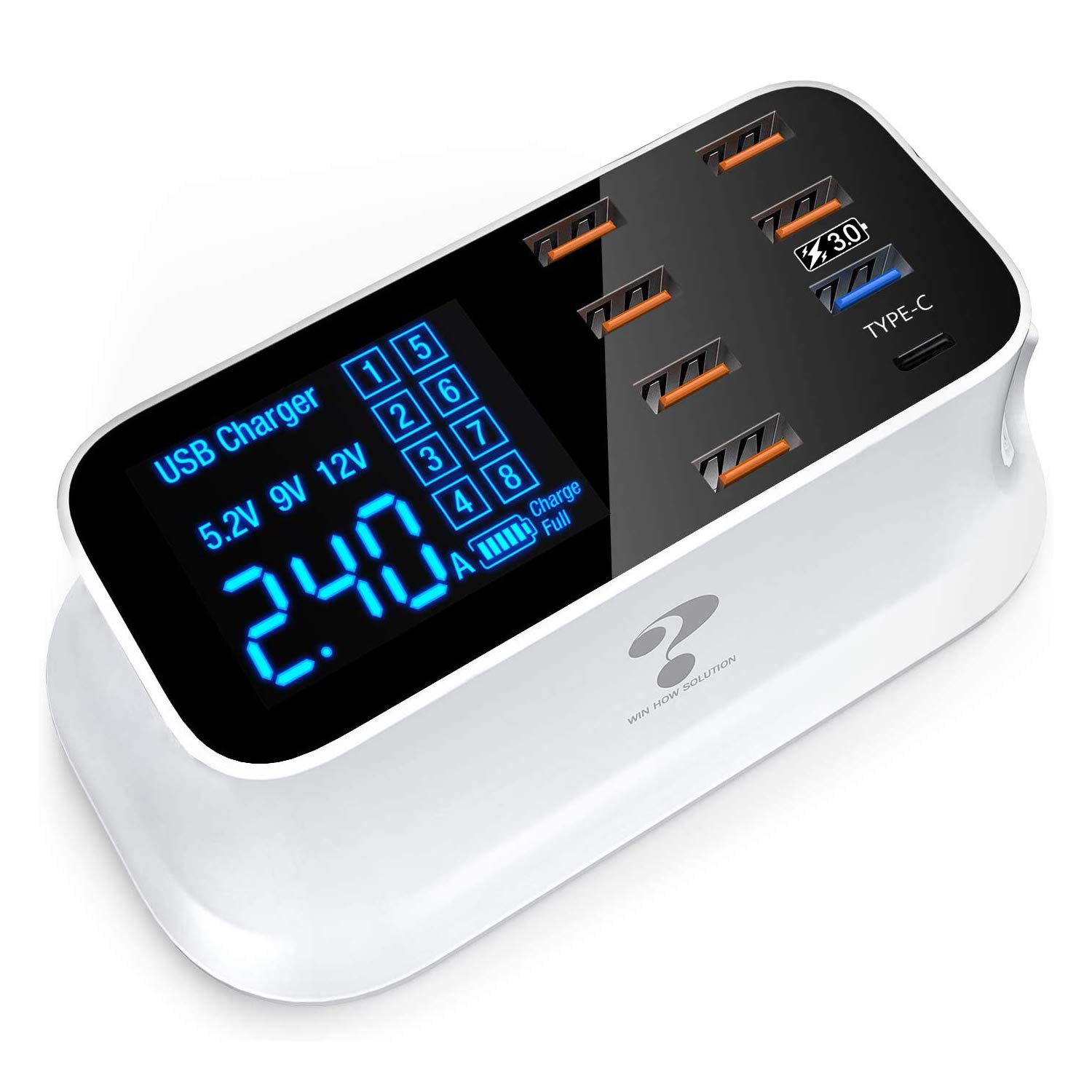 AUTENS 8-Port USB Charging Station with Quick Charge 3.0 & Type-C Port - 40W Fast Charger Hub for iPhone, Samsung, iPad, Huawei - LCD Display Desktop Charger for Home, Office & Travel