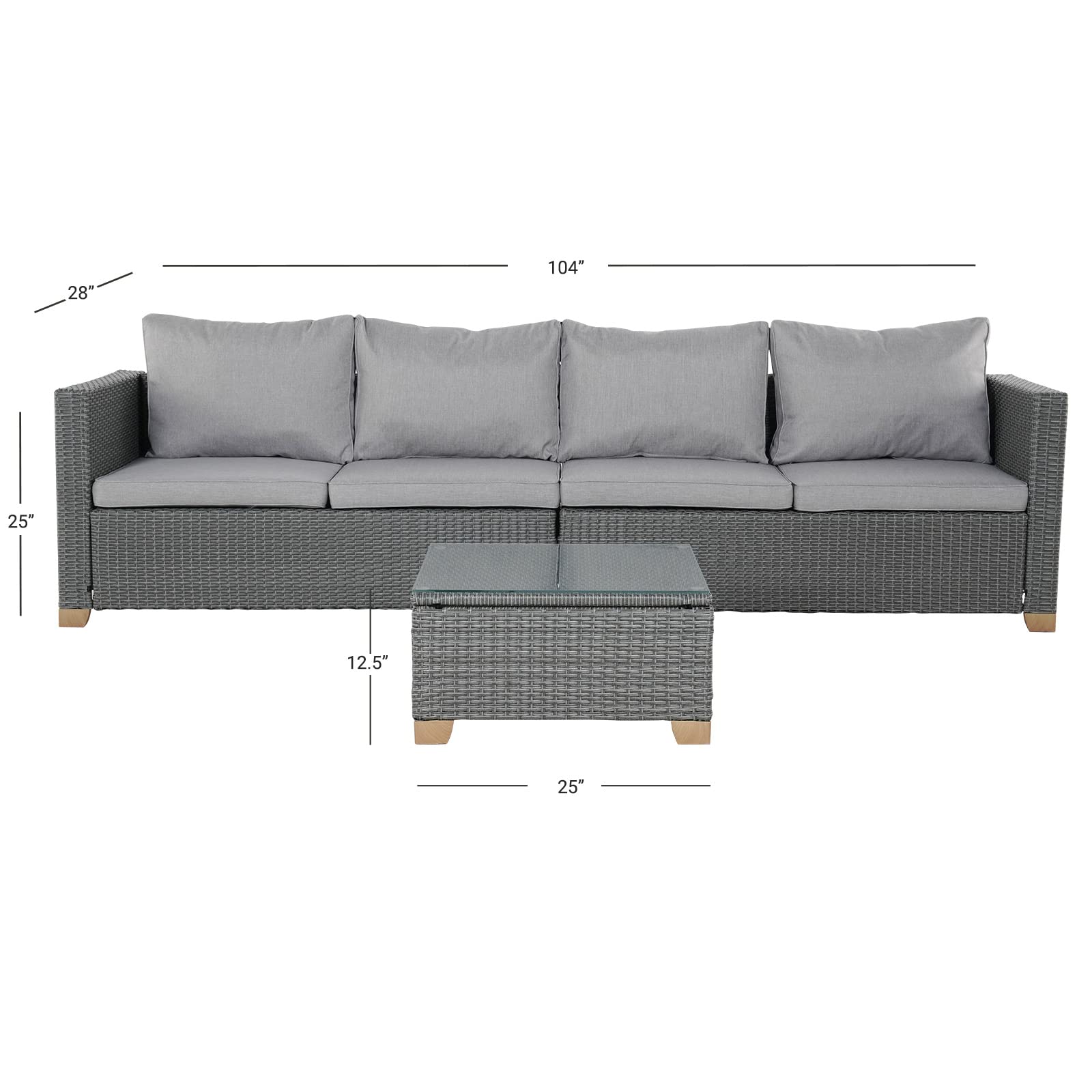 Outdoor Wicker Patio Furniture Set with Glass Coffee Table - 4-Piece Modular Sofa Set with Olefin Cushions for Backyard, Garden & Poolside - Light Gray Conversation Set for Relaxing & Entertaining Guests
