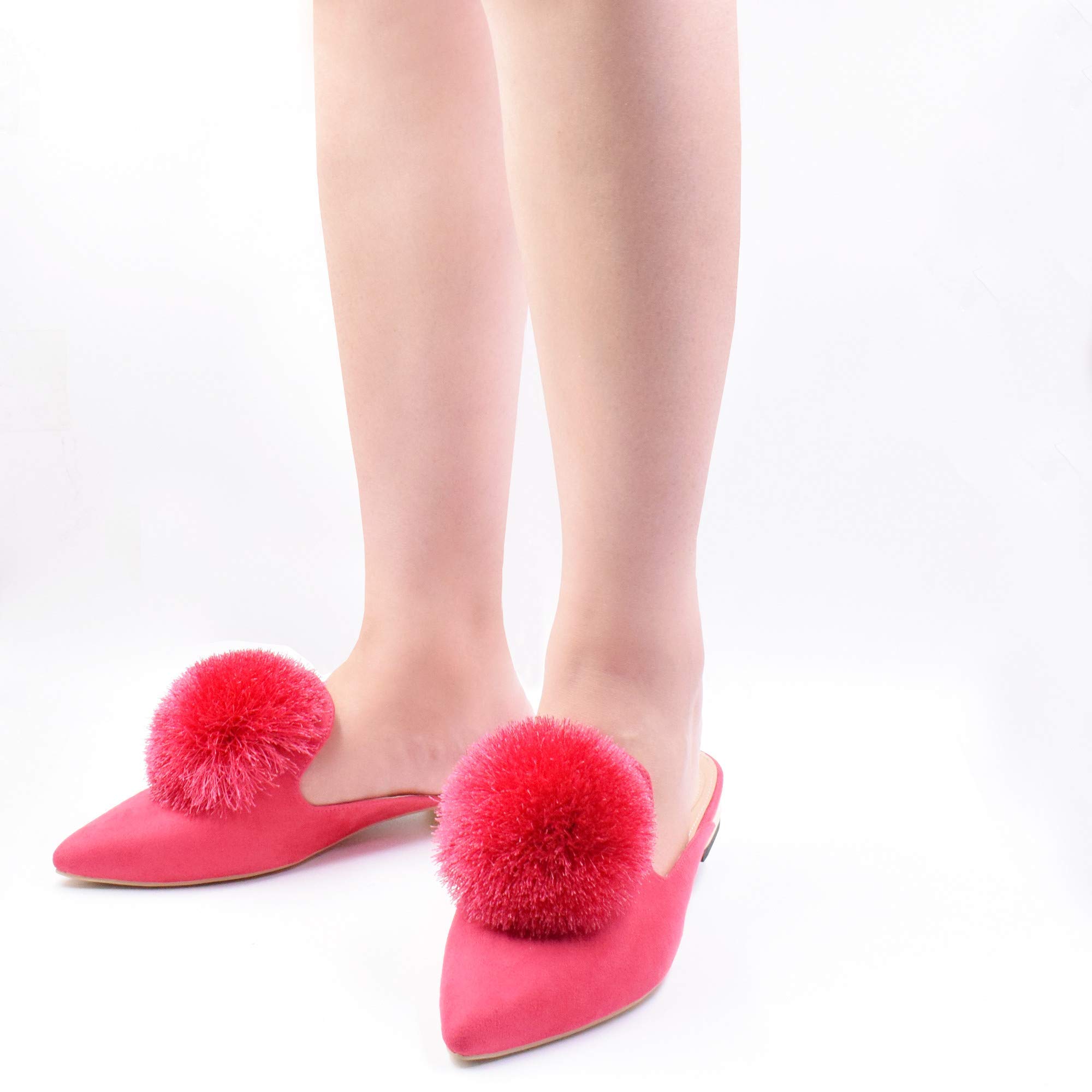 Fericzot Women's Slip On Mule Loafers - Backless Casual Flats with Puff Pompom Detail, Pointed Toe Comfortable House Slippers for Women | Perfect for Home, Office & Outdoor Wear